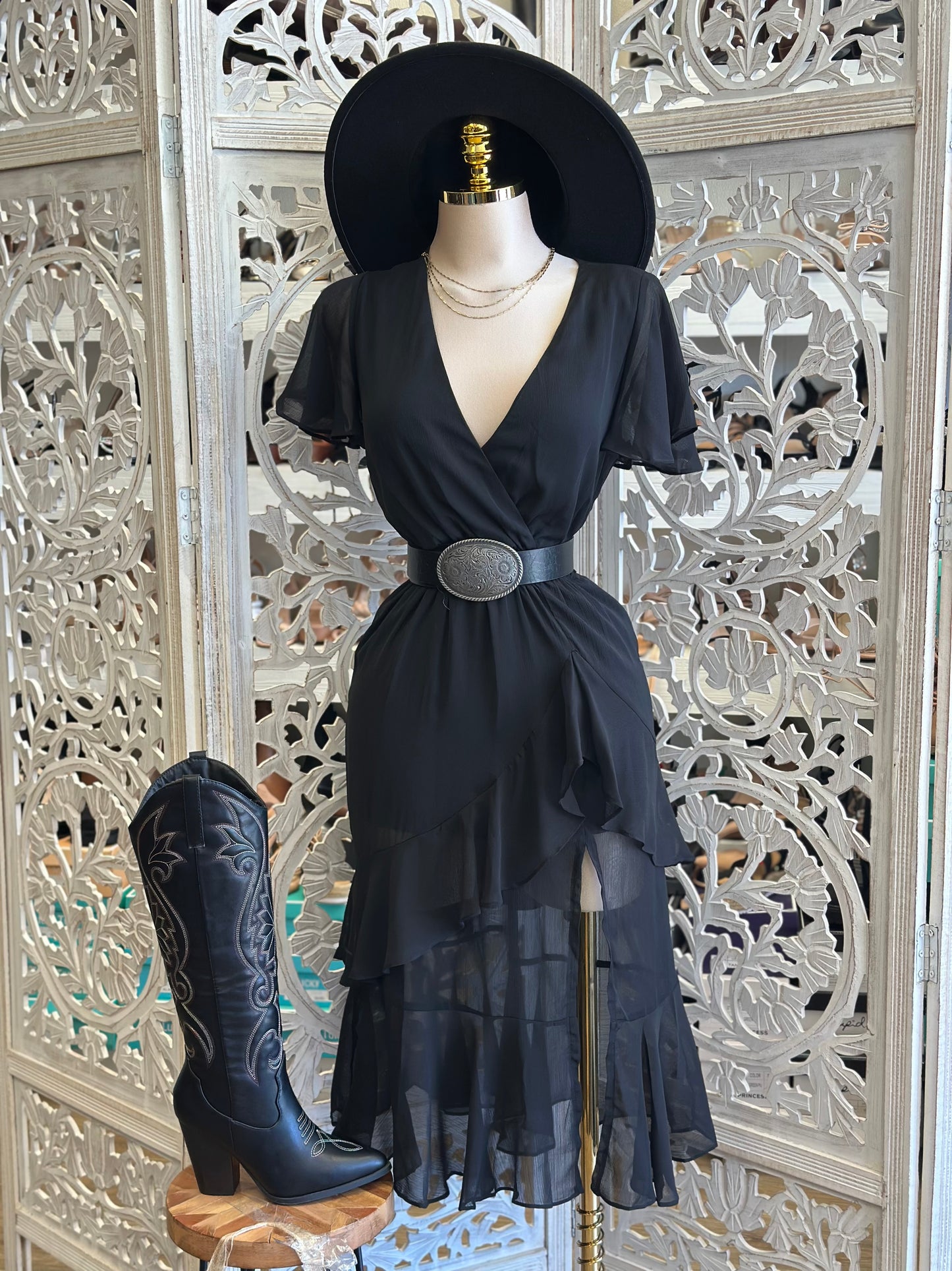 Wrapped Ruffle Midi Dress- Stretchy ,Estira