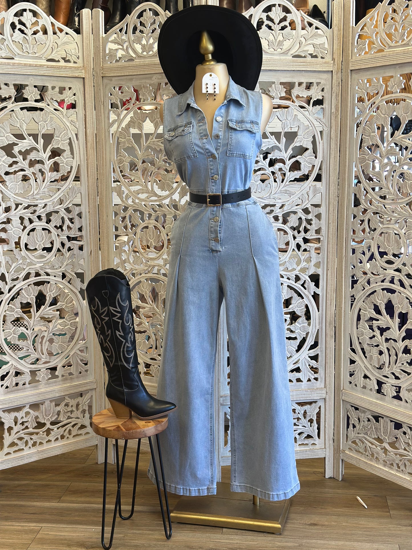 Wide Leg Light Denim Jumpsuit-Estira Poco , Slightly Stretchy