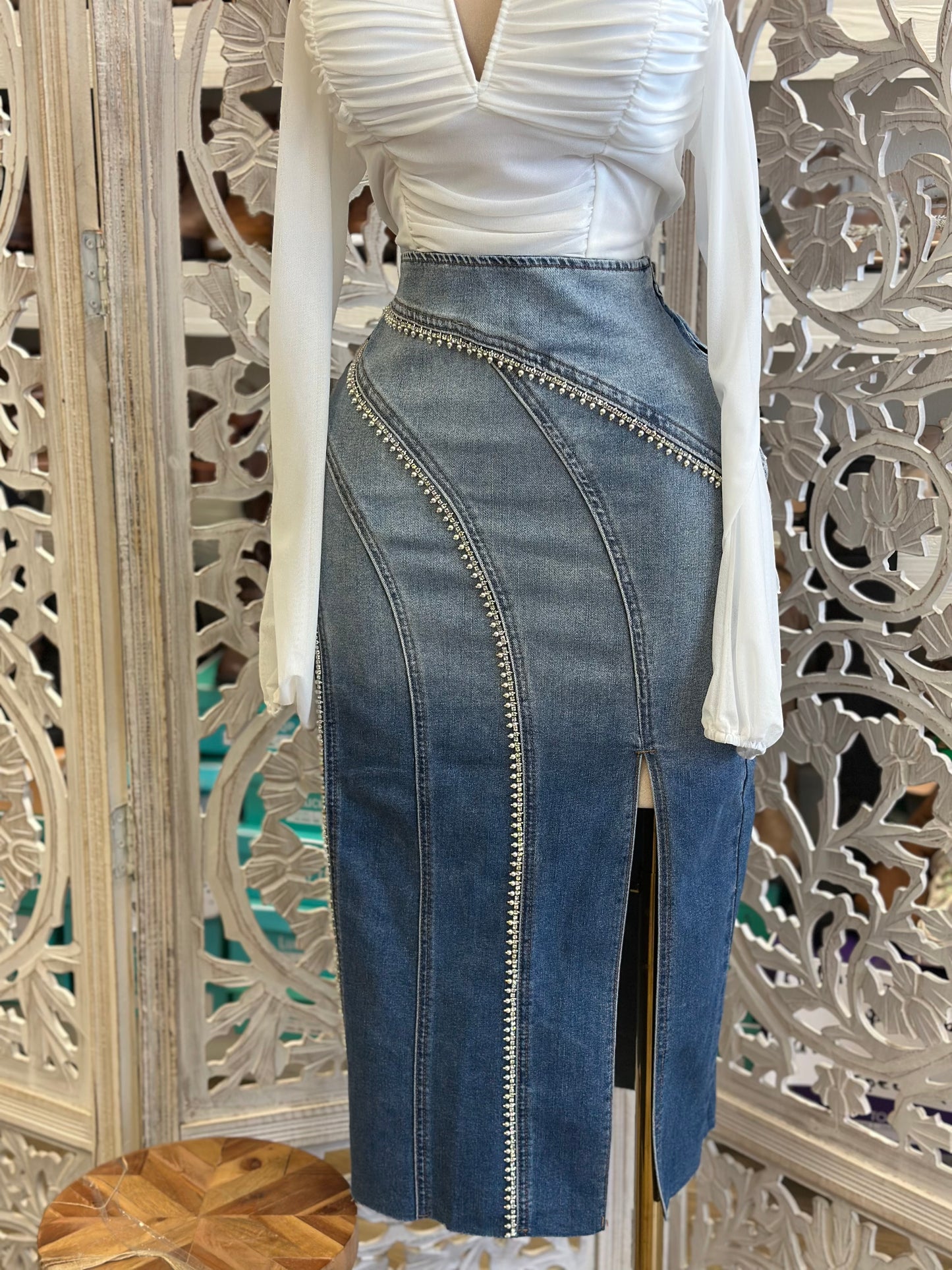 Denim Aymmetrical Rhinestone Midi Skirt-Estira, Stretchy