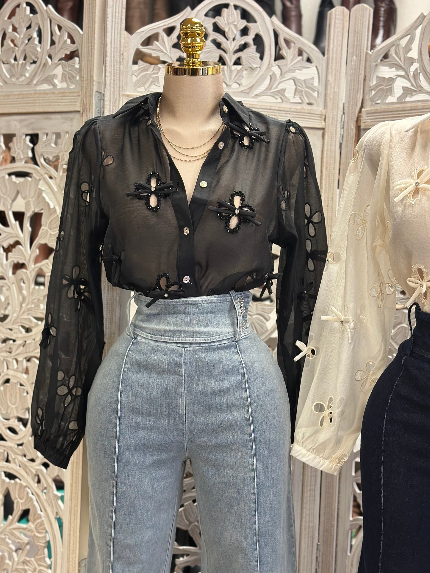 Eyelet Button Up Blouse- Estira, Stretchy