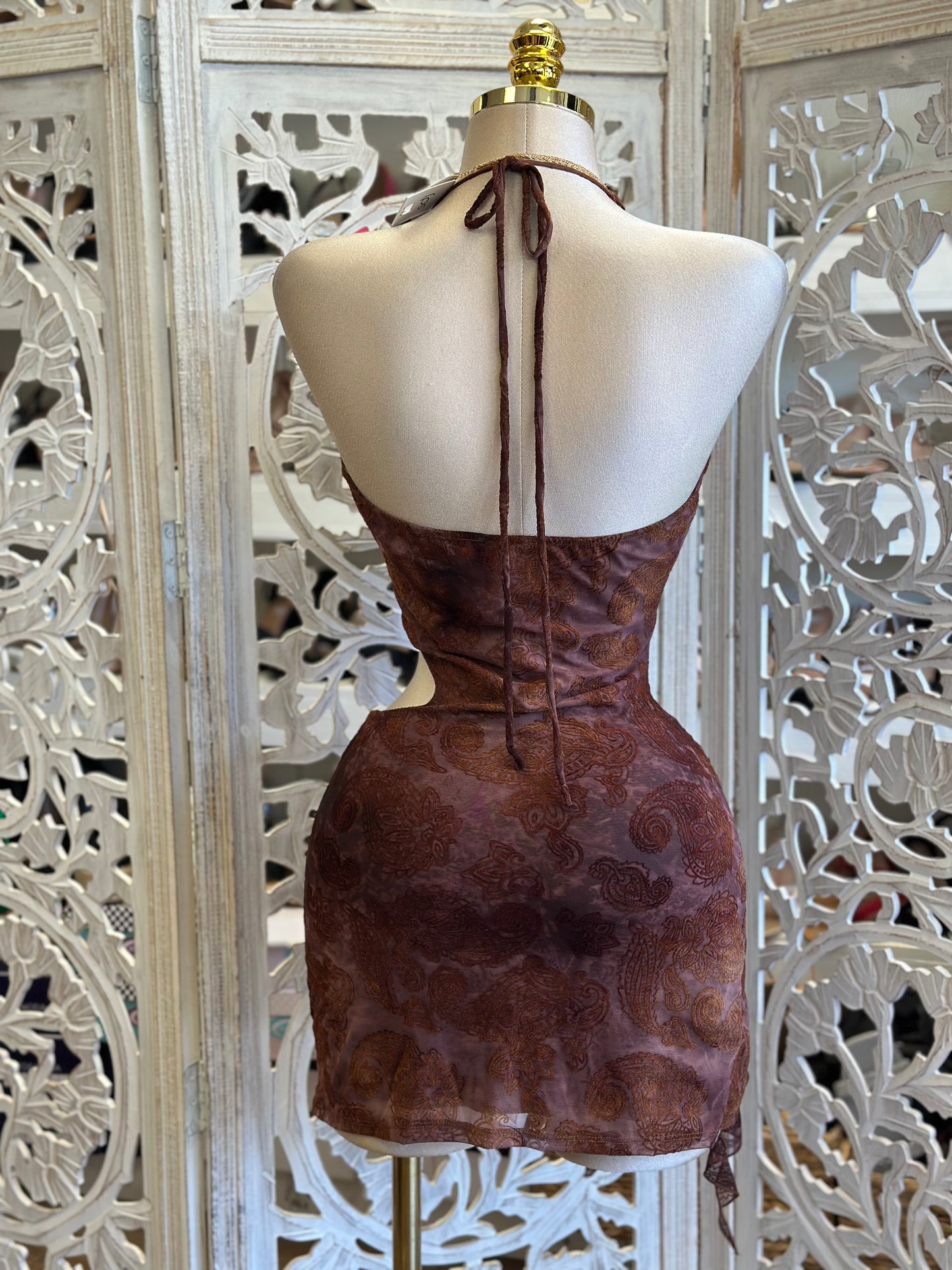 Brass Cutout Draped Mini Dress- Estira, Stretchy
