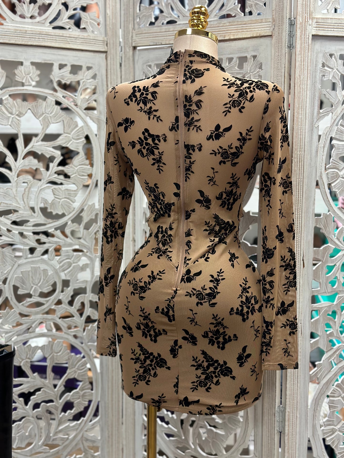 Velvet Floral Cutout Mini Dress- Stretchy, Estira