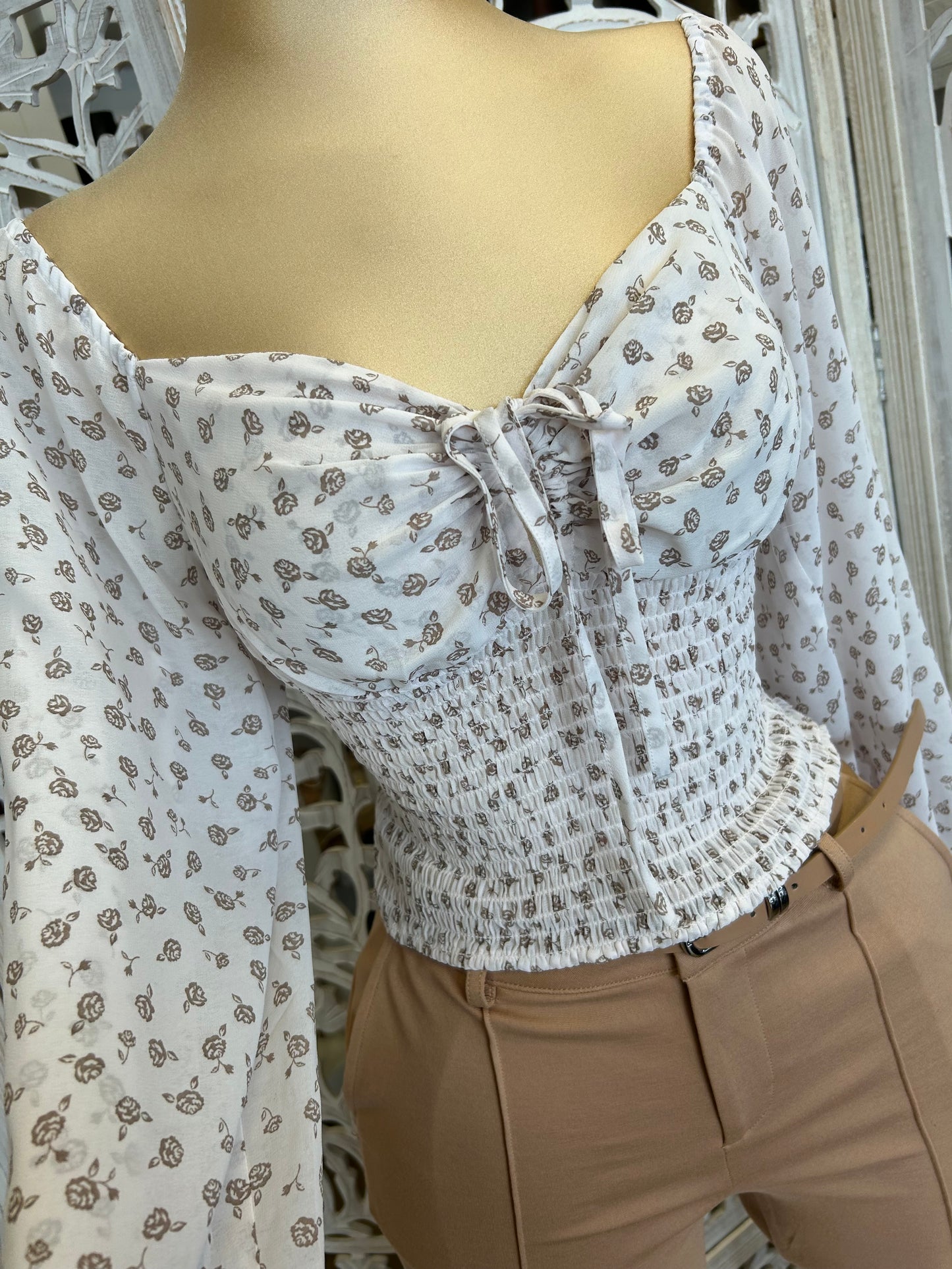 Keyhole White Floral Blouse