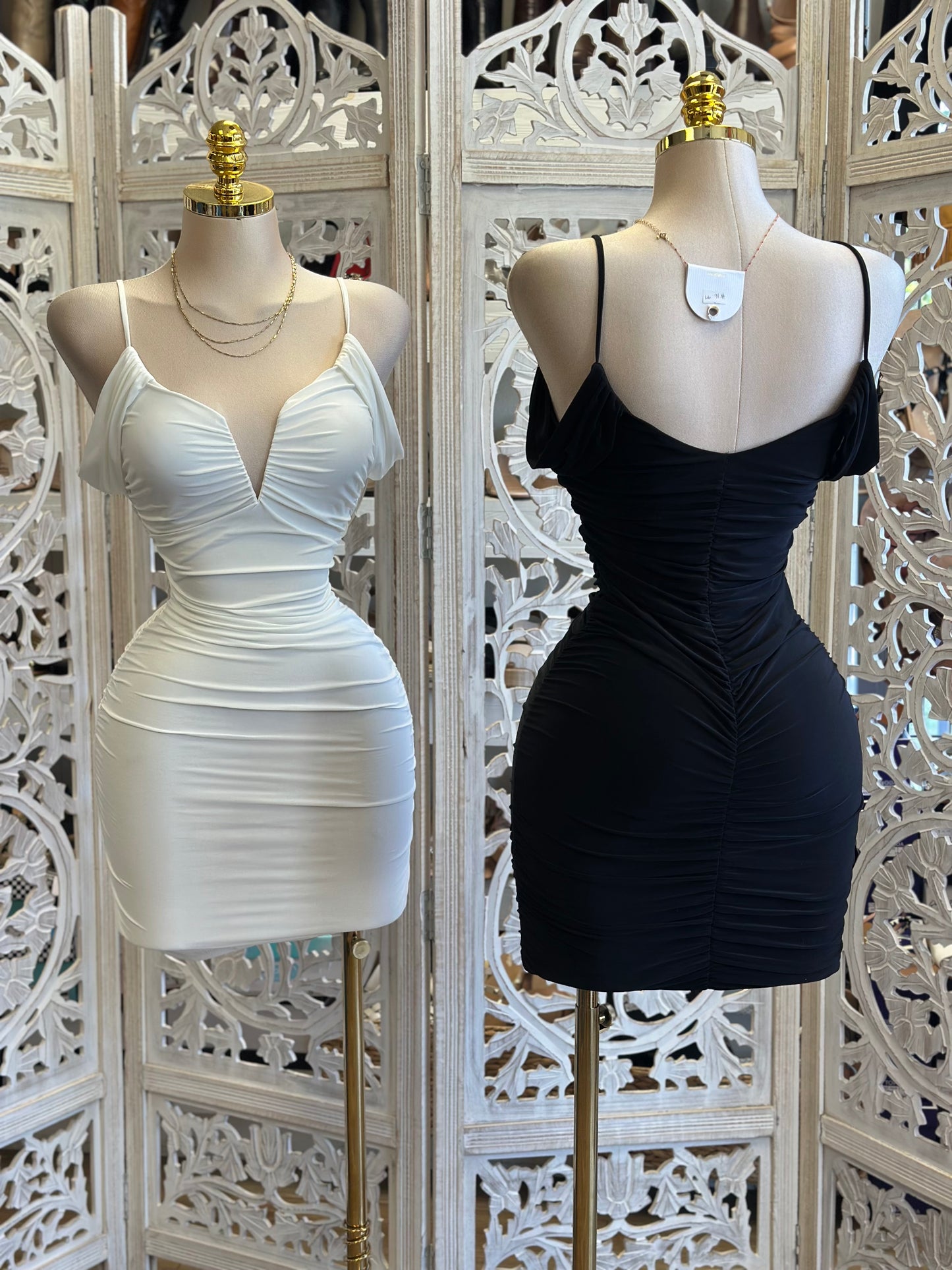 Plunged Pff Shoulder Mini Dress - Estira, Stretchy