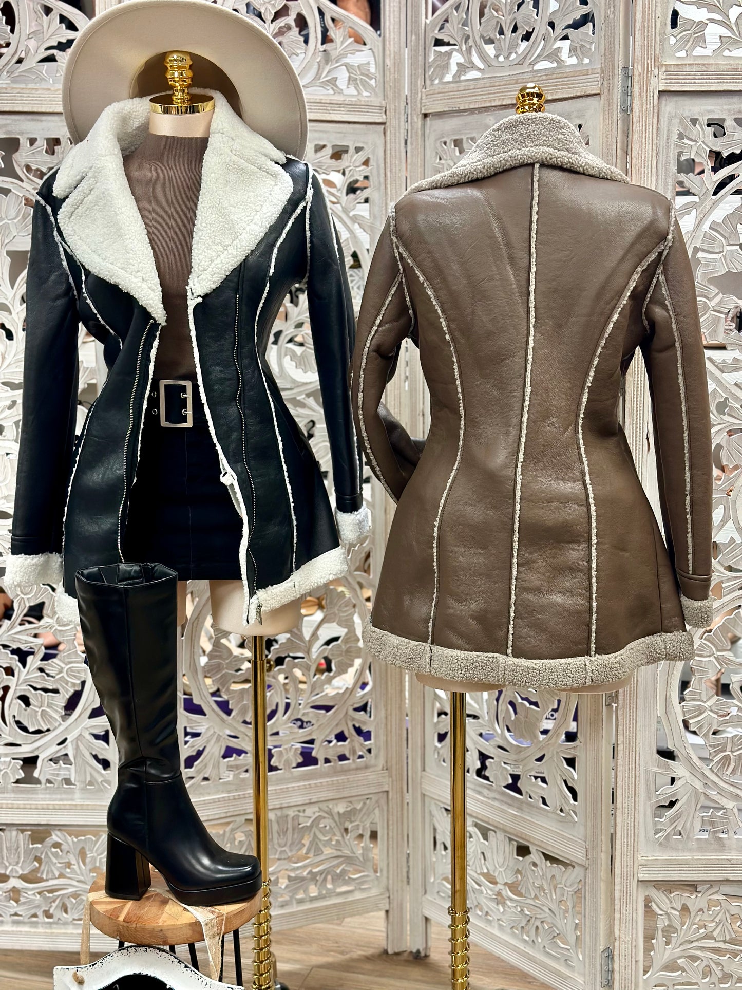 Faux Leather Sherpa Lined Midi Coat