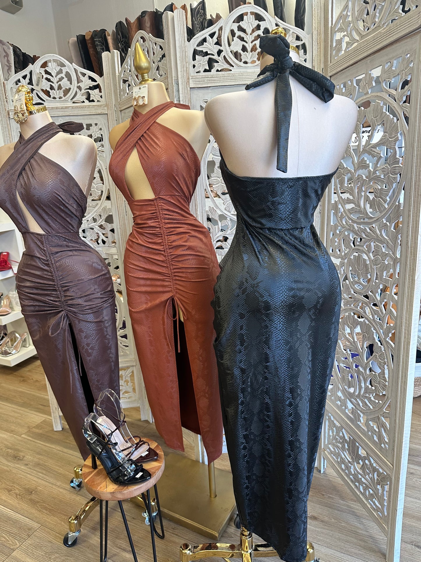 Cross Front Snake Print Faux Leather Midi Dress- Stretchy