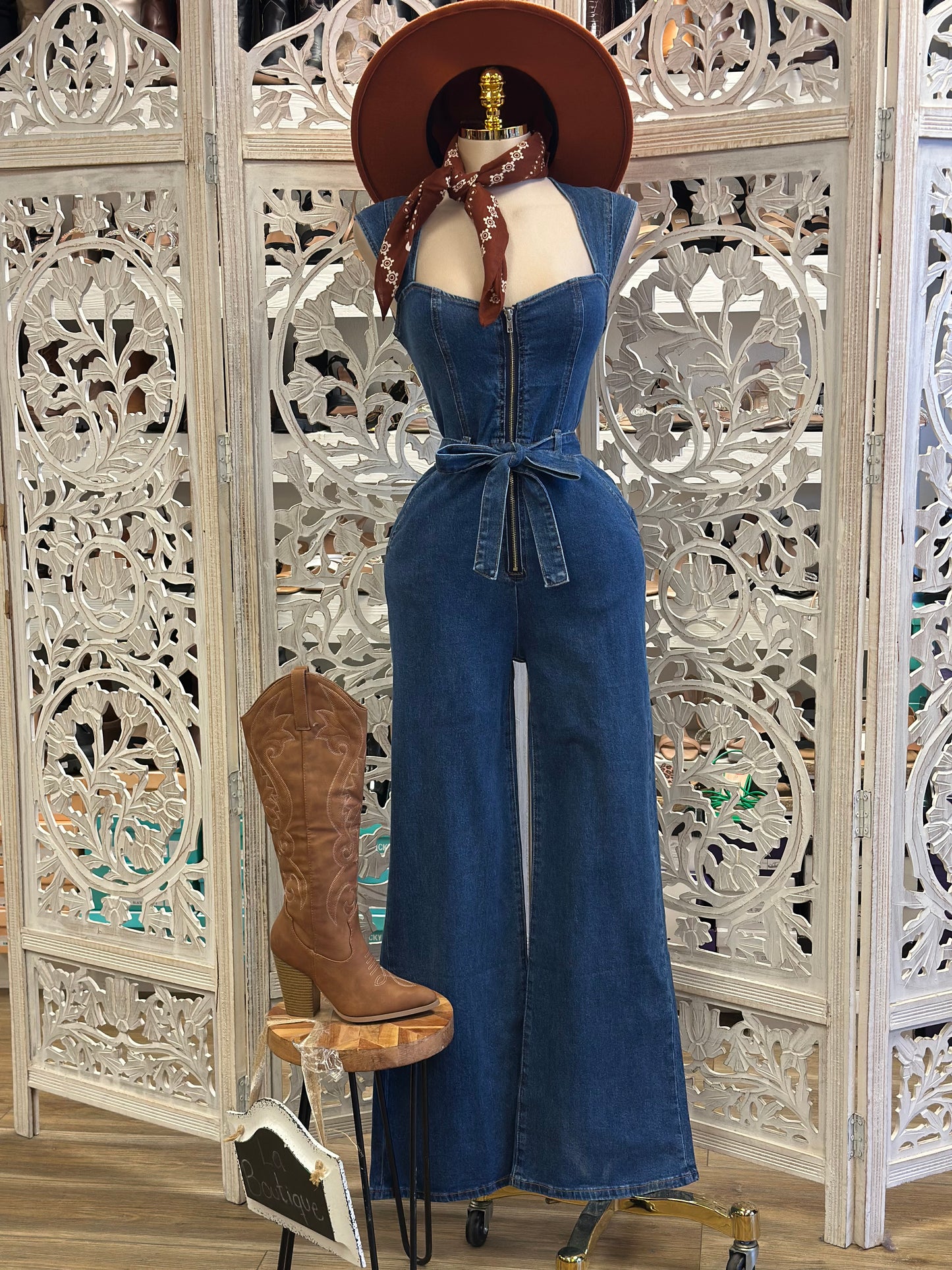 Denim Square Neck Ribbon Jumpsuit - Not Stretchy, No Estira
