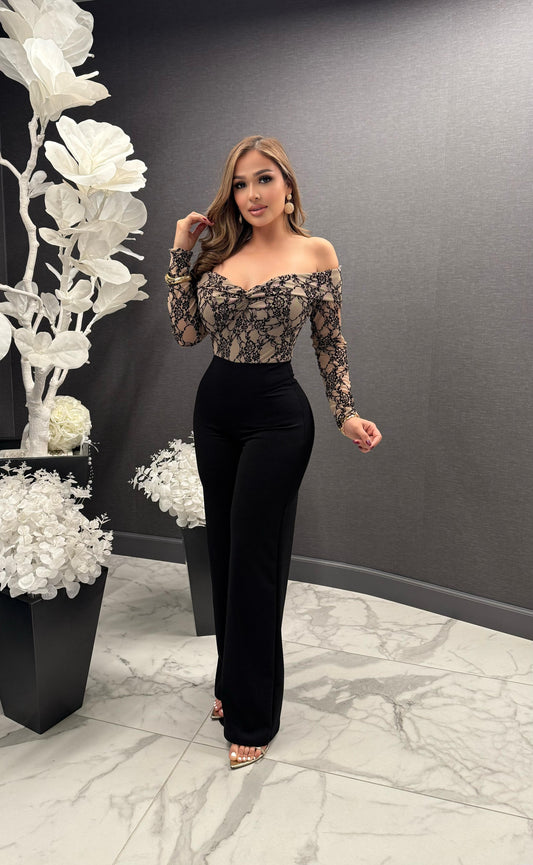 Nude Lace Black Jumpsuit - Stretchy,Estira