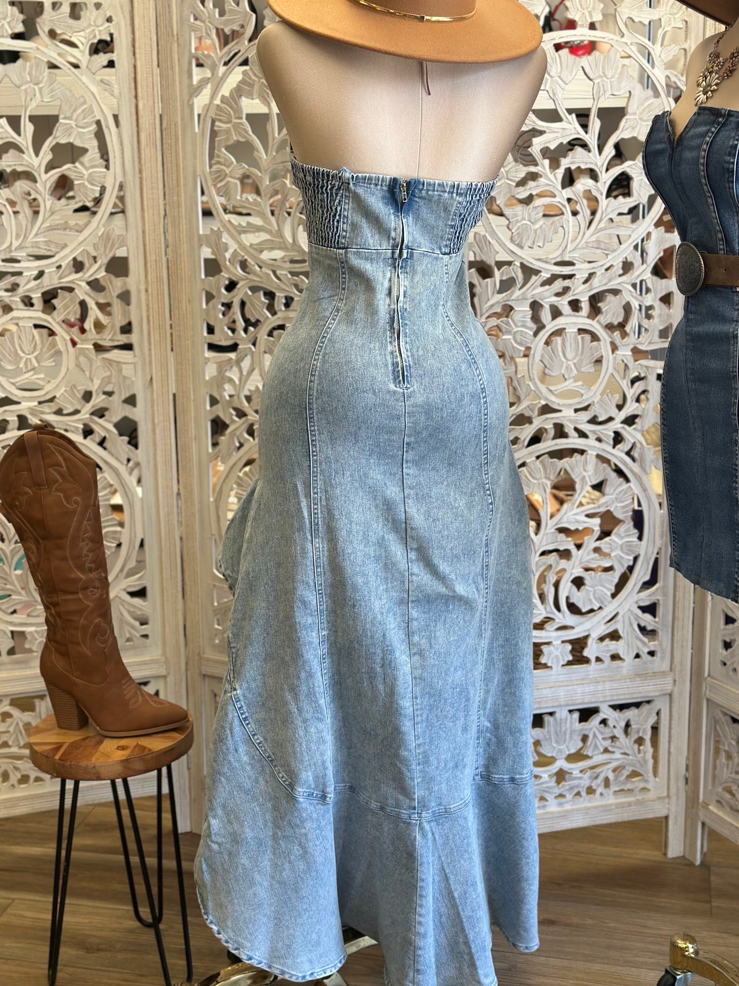 Light Denim Ruffle Midi Dress- Stretchy