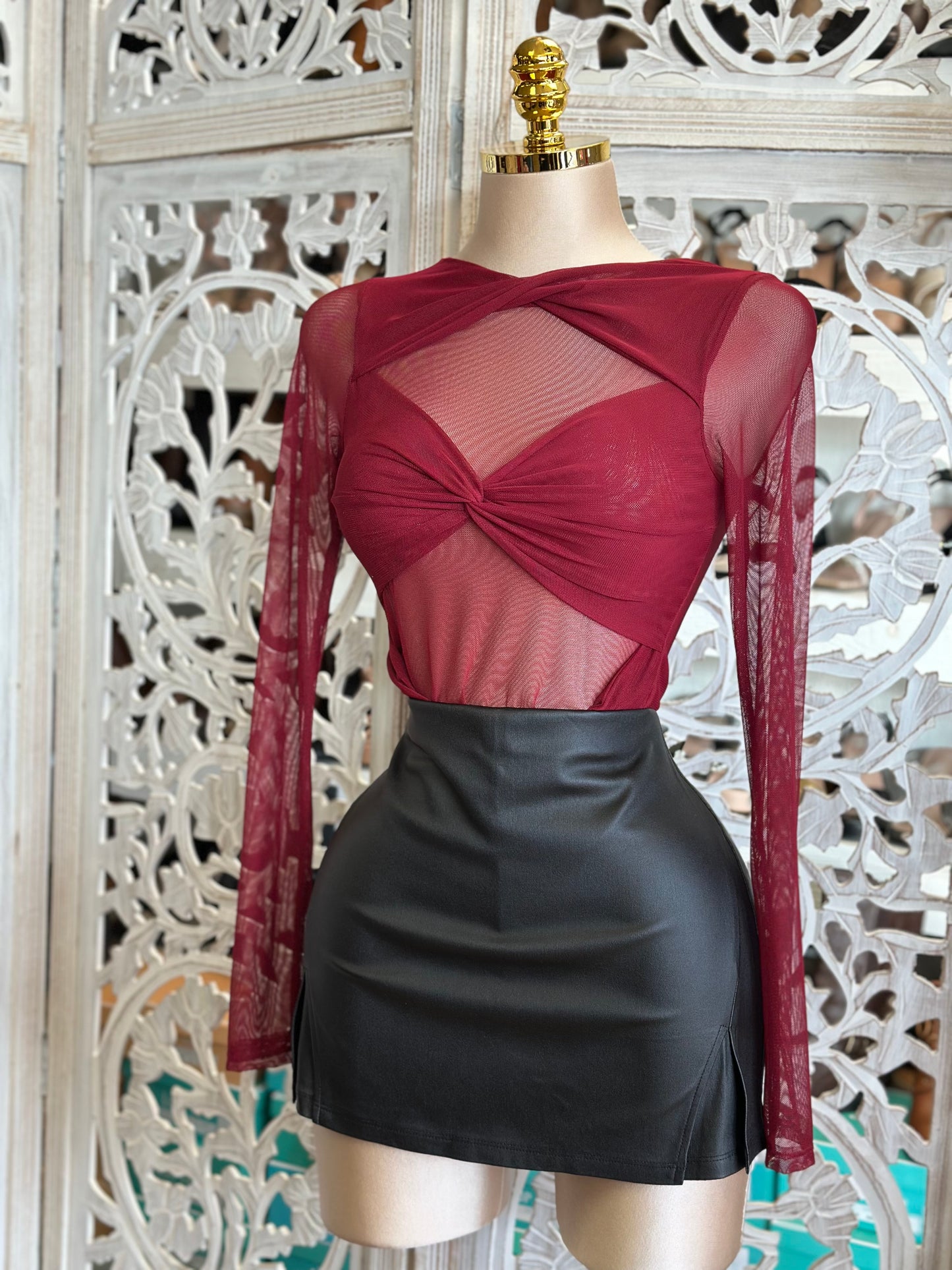 Burgundy Bow Mesh Long Sleeve Blouse- Estira, Stretchy