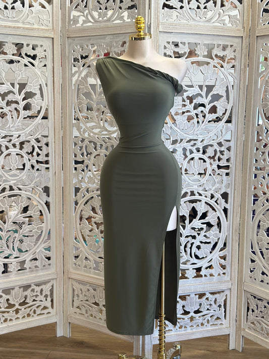 Asymmetrical Olive Knotted Dress-Estira, Stretchy