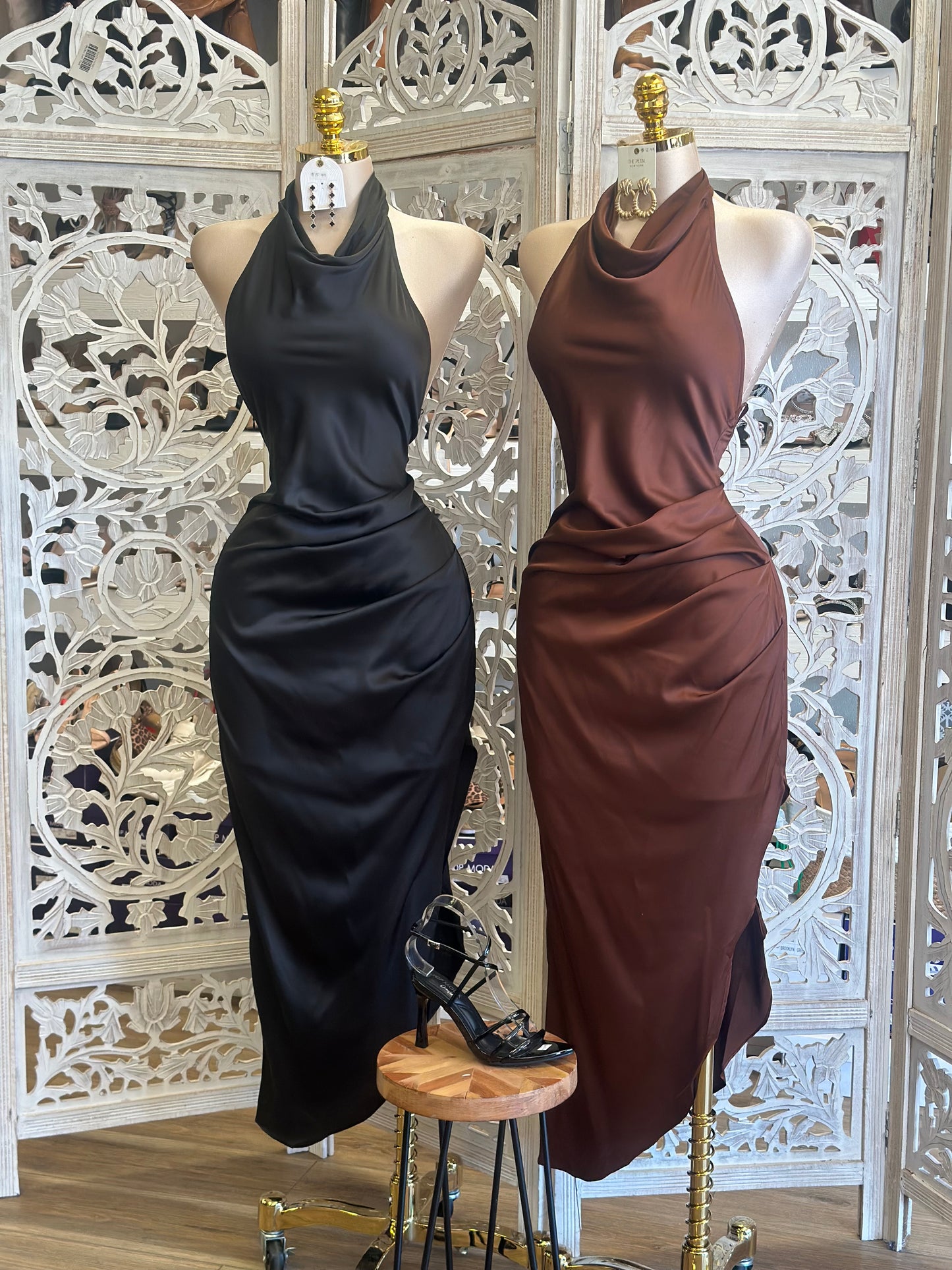 High Cowl Neck Satin Midi Dress- Stretchy