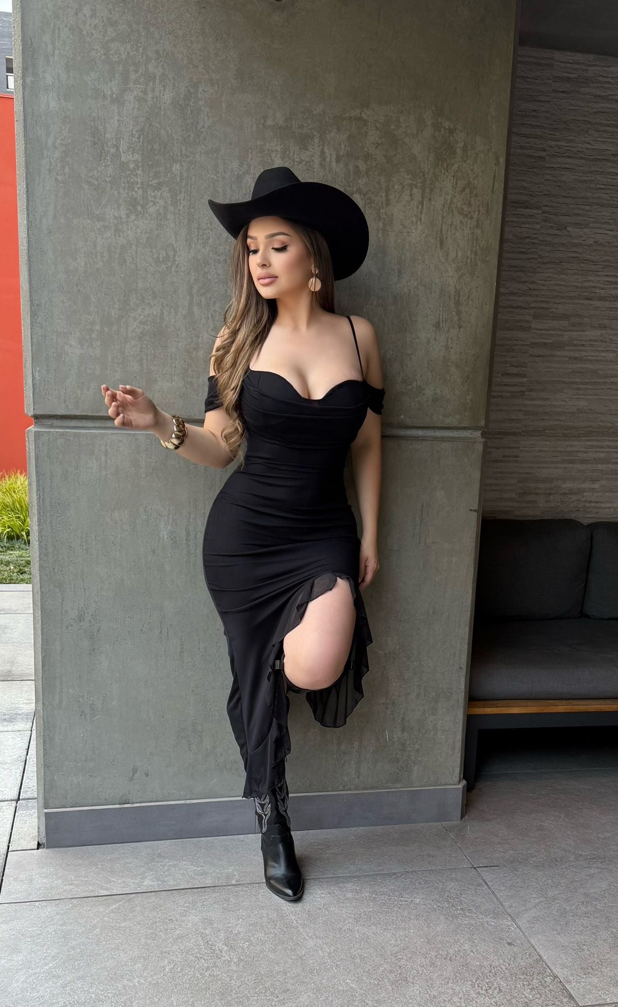 Black Off Shoulder Draped Ruffle Midi Dress-Estira, Stretchy