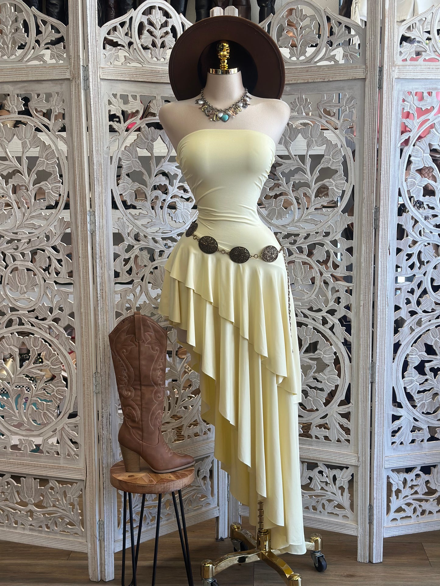 Strapless Butter Yellow Ruffle Dress- Stretchy, Estira
