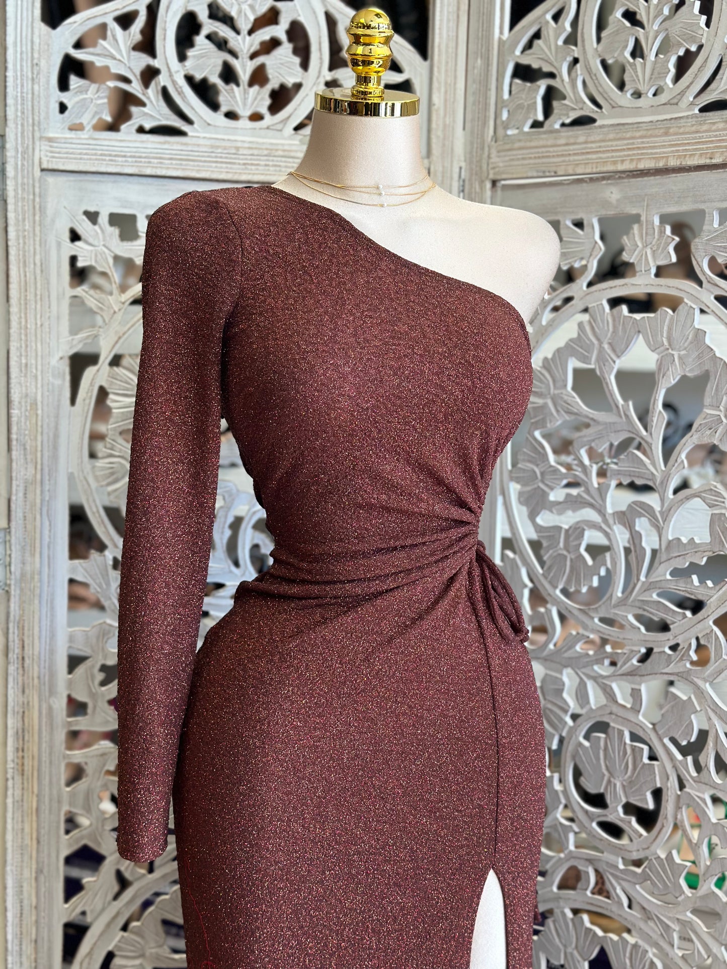 One Sleeve Glitter Maxi Dress- Stretchy, Estira