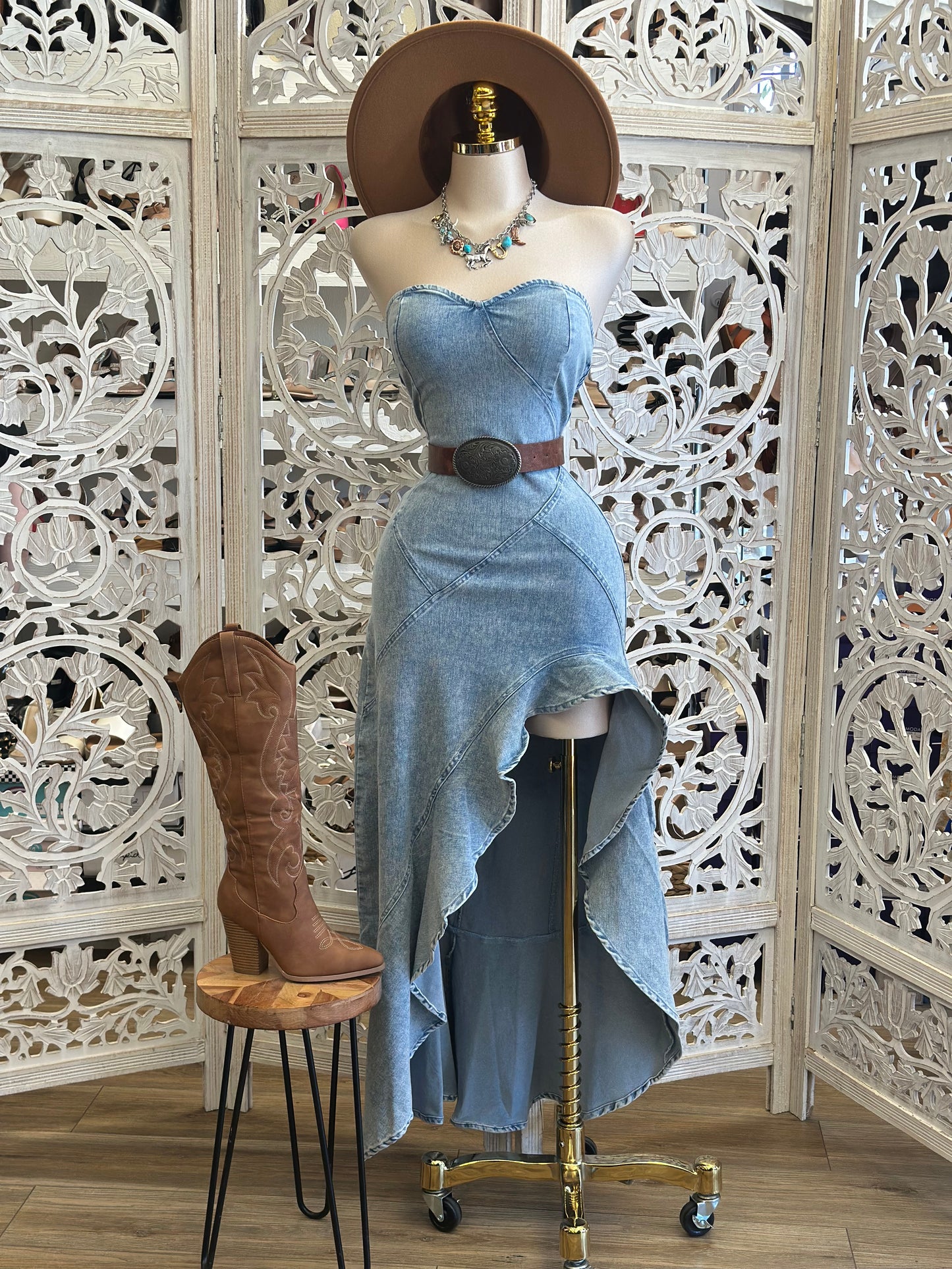 Light Denim Ruffle Midi Dress- Stretchy