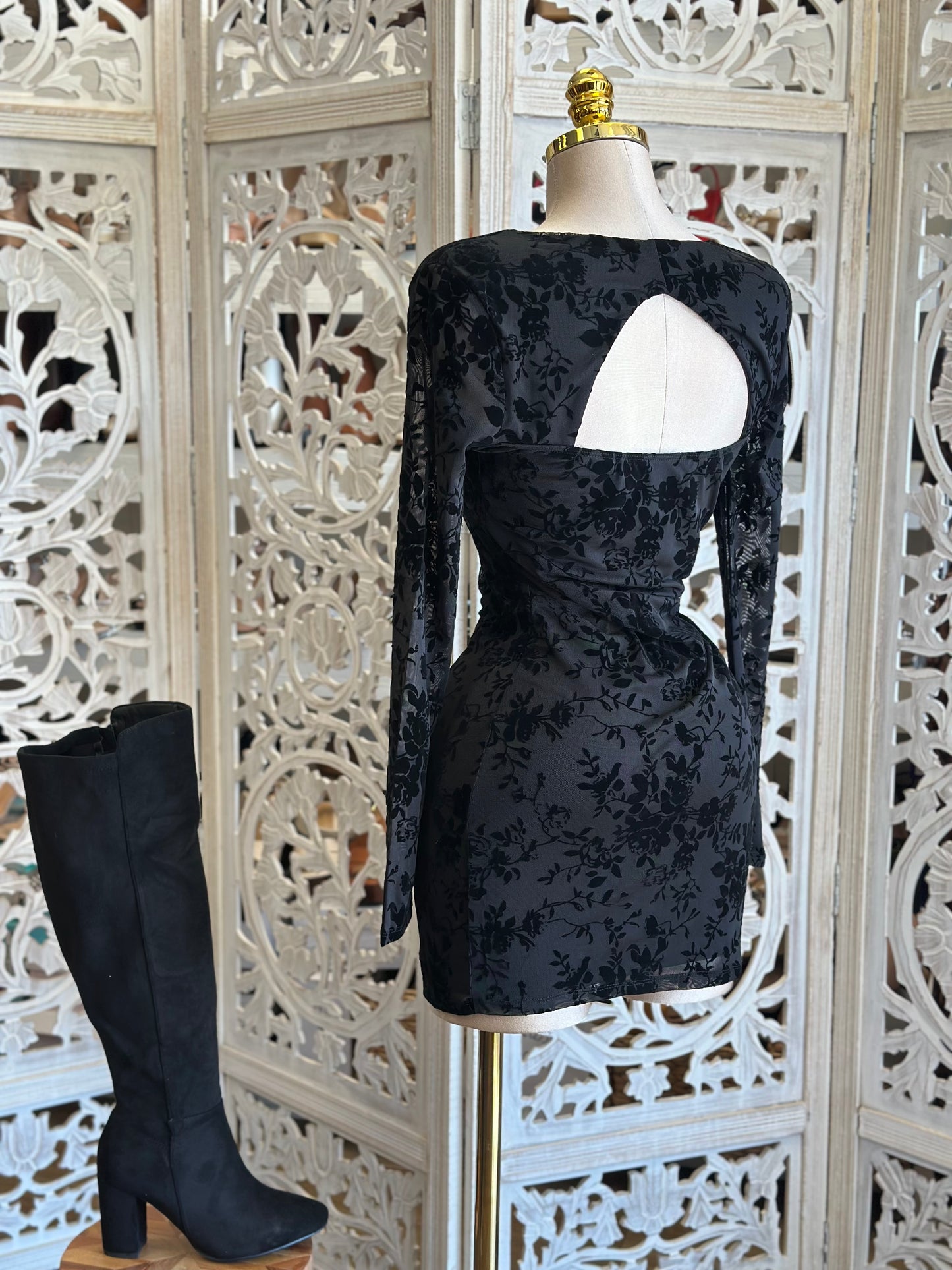 Velvet Floral Cutout Black Mini Dress- Stretchy,Estira