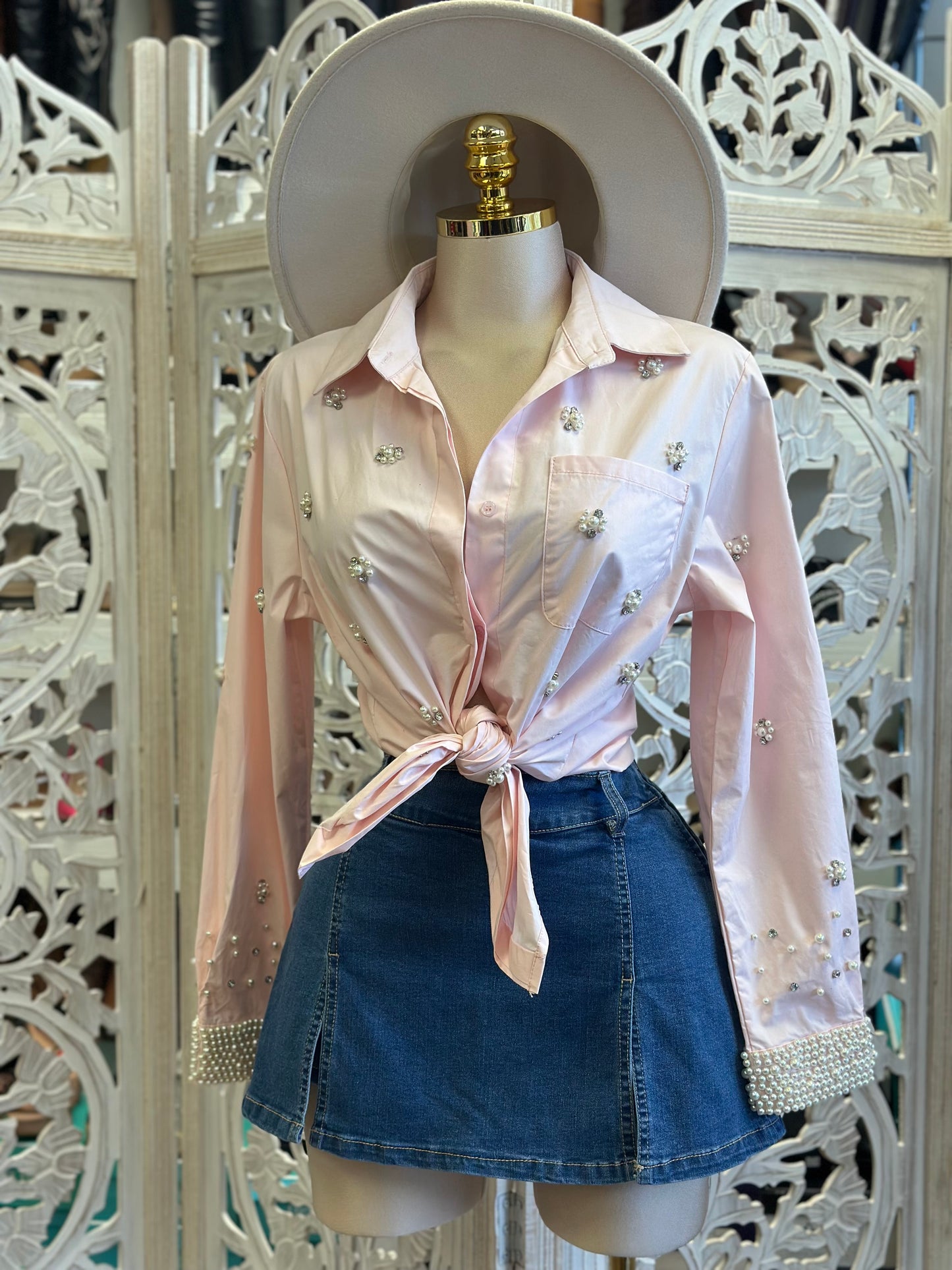 Light Pink Pearl Button Up Blouse- Estira, Stretchy