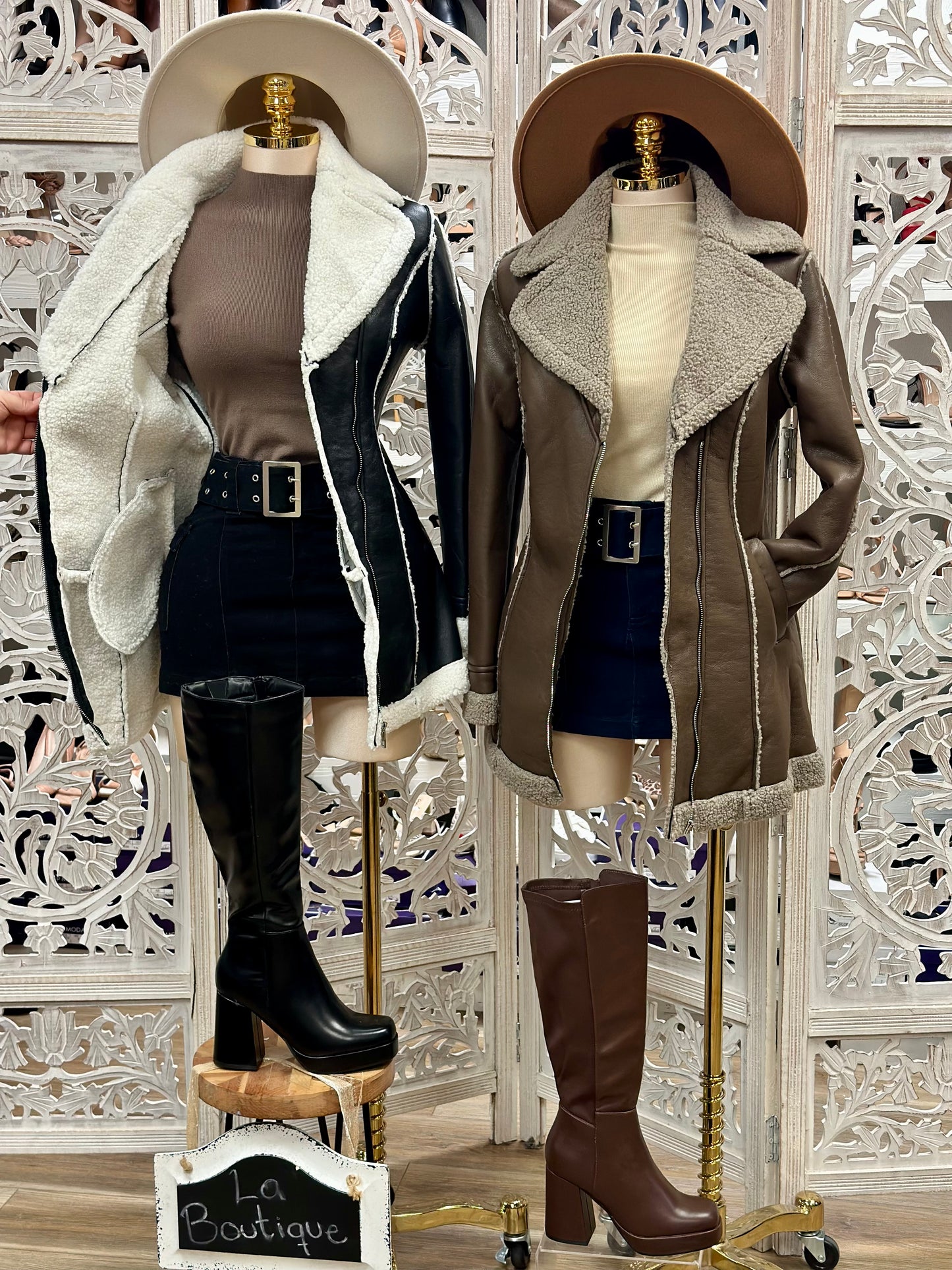 Faux Leather Sherpa Lined Midi Coat