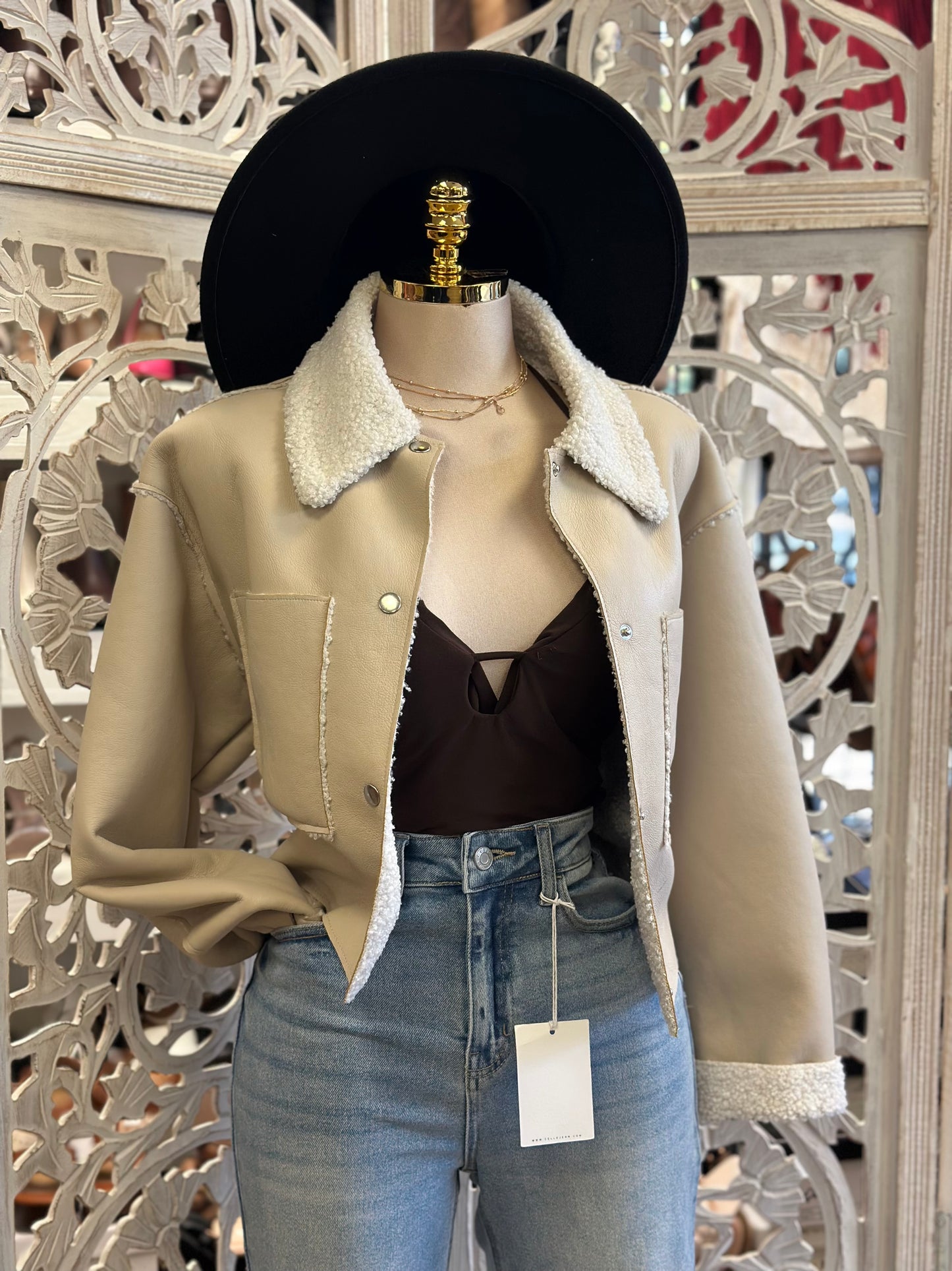 Soft Brown Plush Neck Suede Jacket