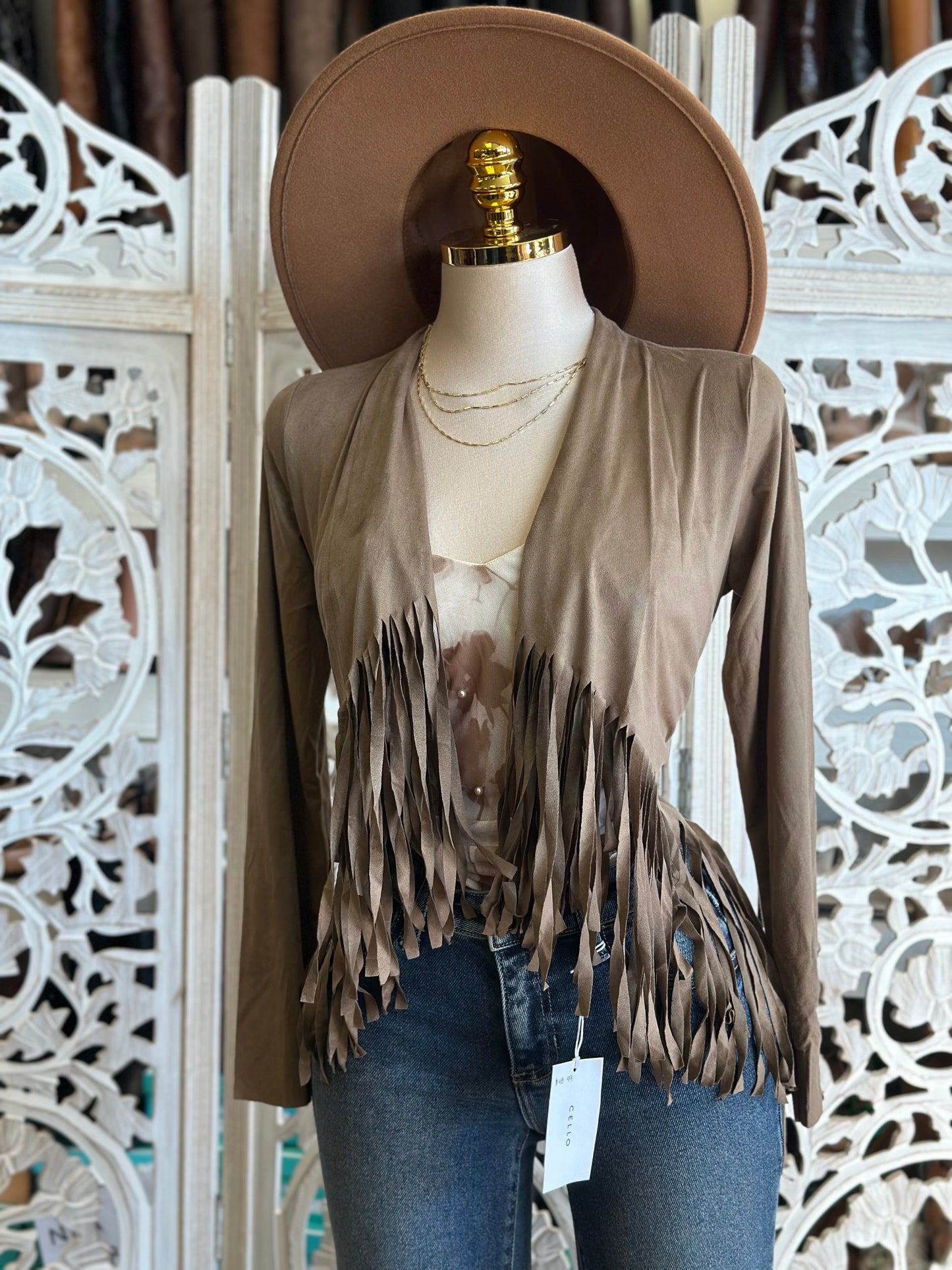 Taupe Suede Fringe Blazer- Estira, Stretchy