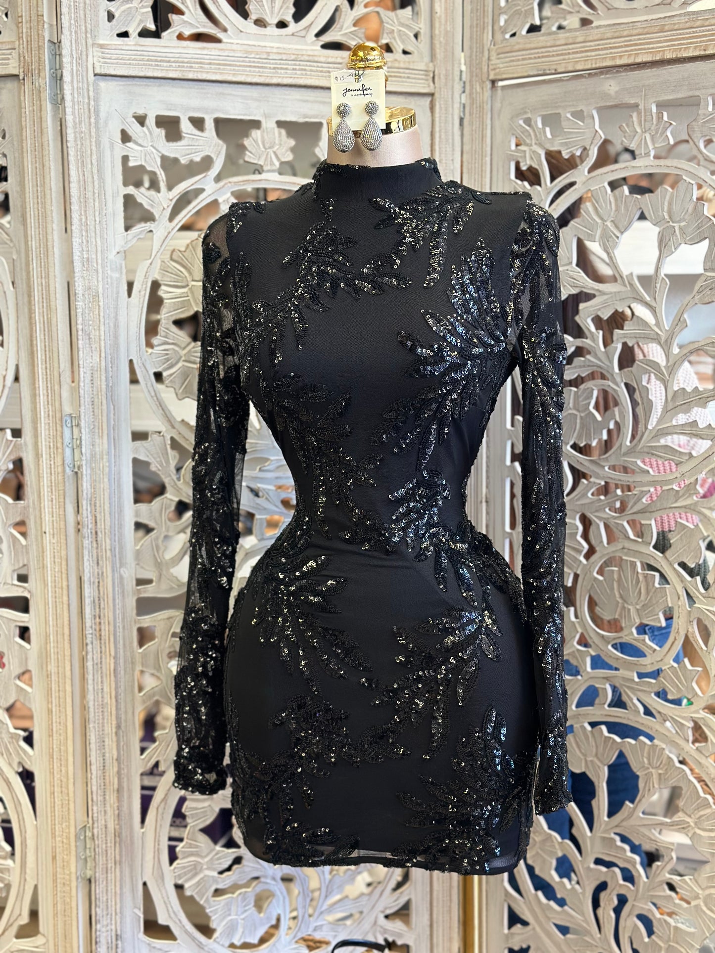 Sequin Black Mesh Mini Dress- Stretchy, Estira
