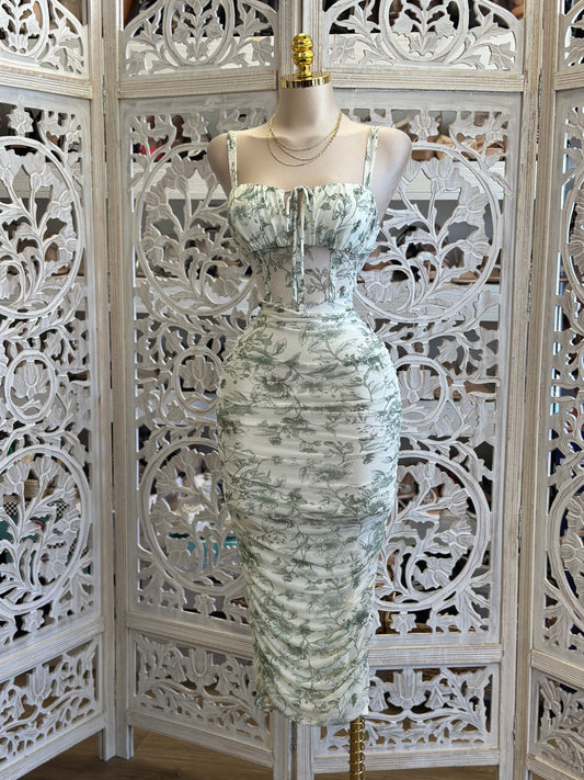 Sage Flowers Ruched Midi Bodycon Dress-Estira  ,Stretchy