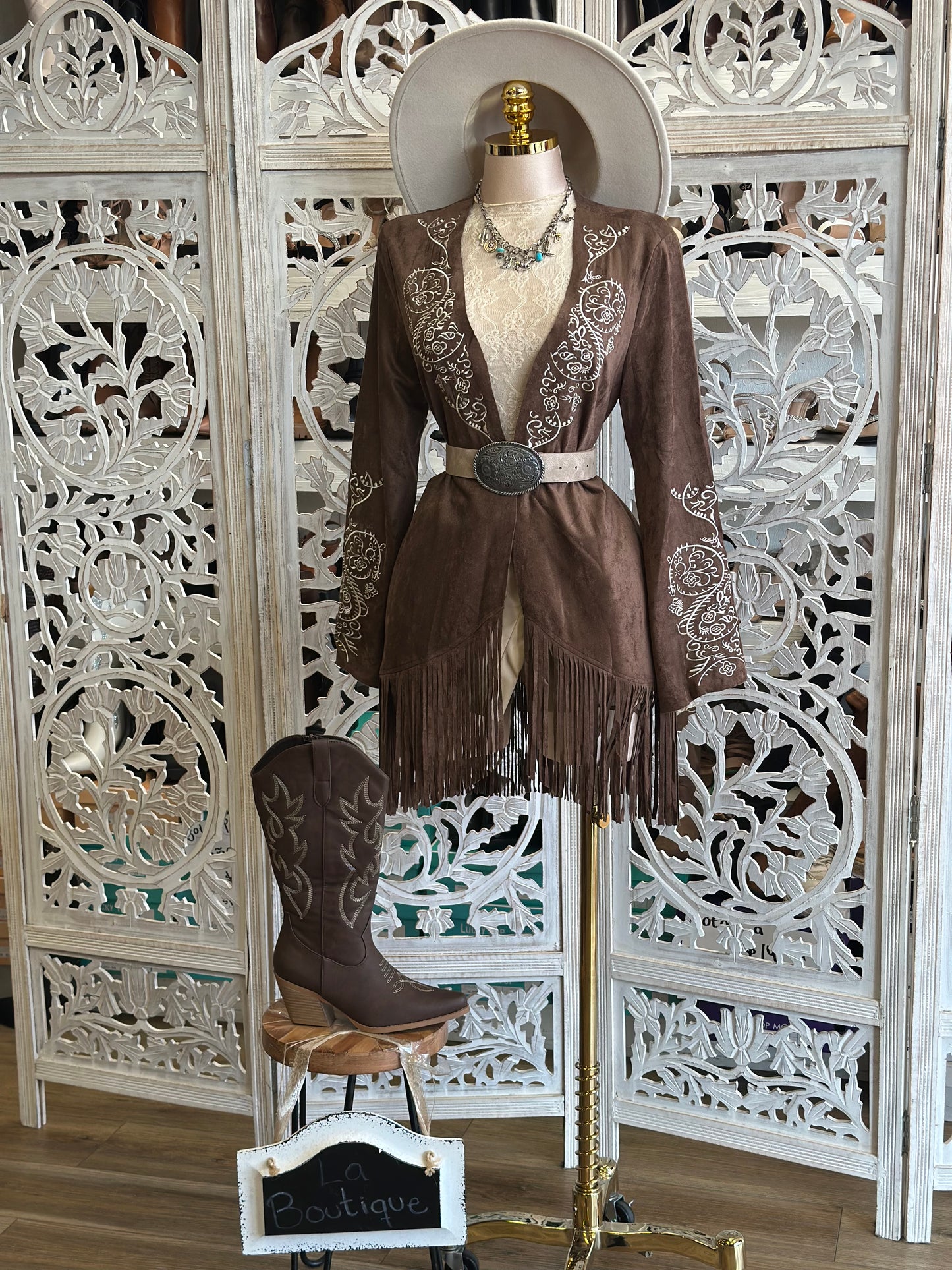 Suede Embroidered Fringe Cardigan - Stretchy, Estira