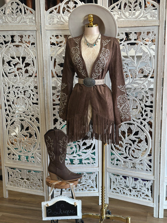 Suede Embroidered Fringe Cardigan - Stretchy, Estira