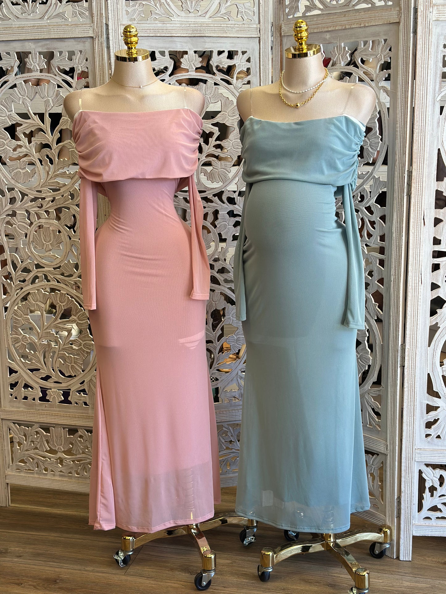 Off Shoulder Mesh Maxi Dress-Stretchy, Estira