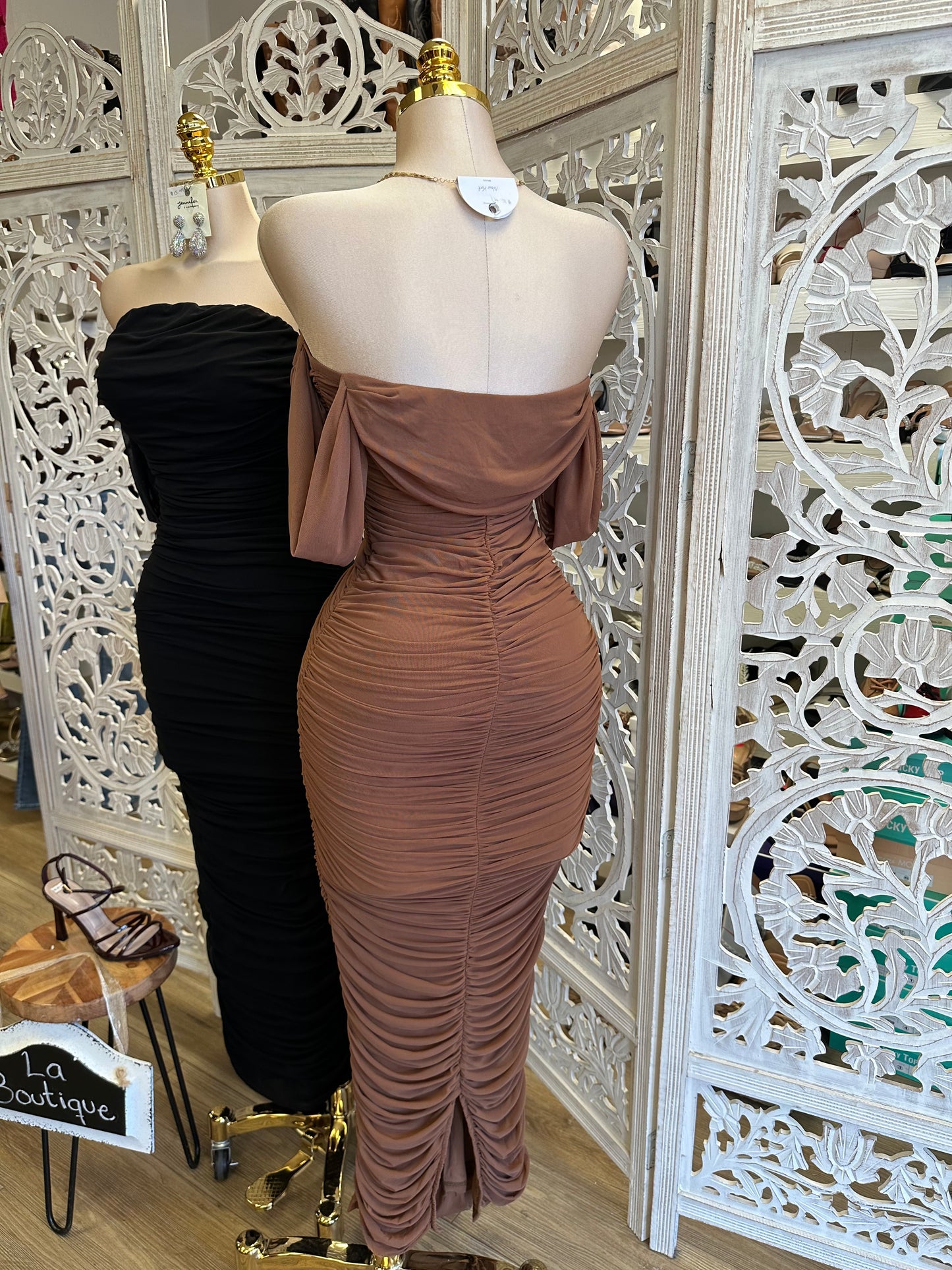Shoulder Ruched Mesh Dress- Stretchy,Estira