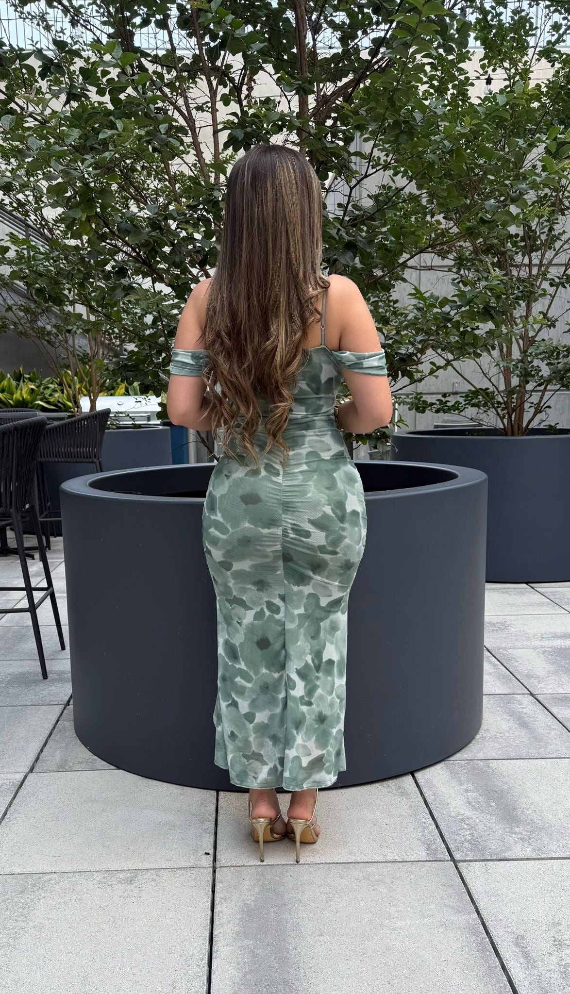 Hazy Brushed Floral Off Shoulder Draped Ruffle Midi Dress-Estira, Stretchy