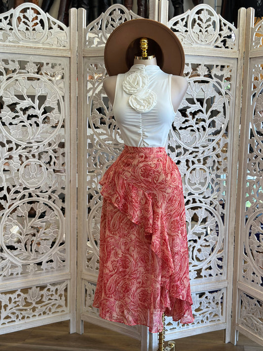 Red Ruffle Pattern Midi Skirt- NotStretchy , No Estira