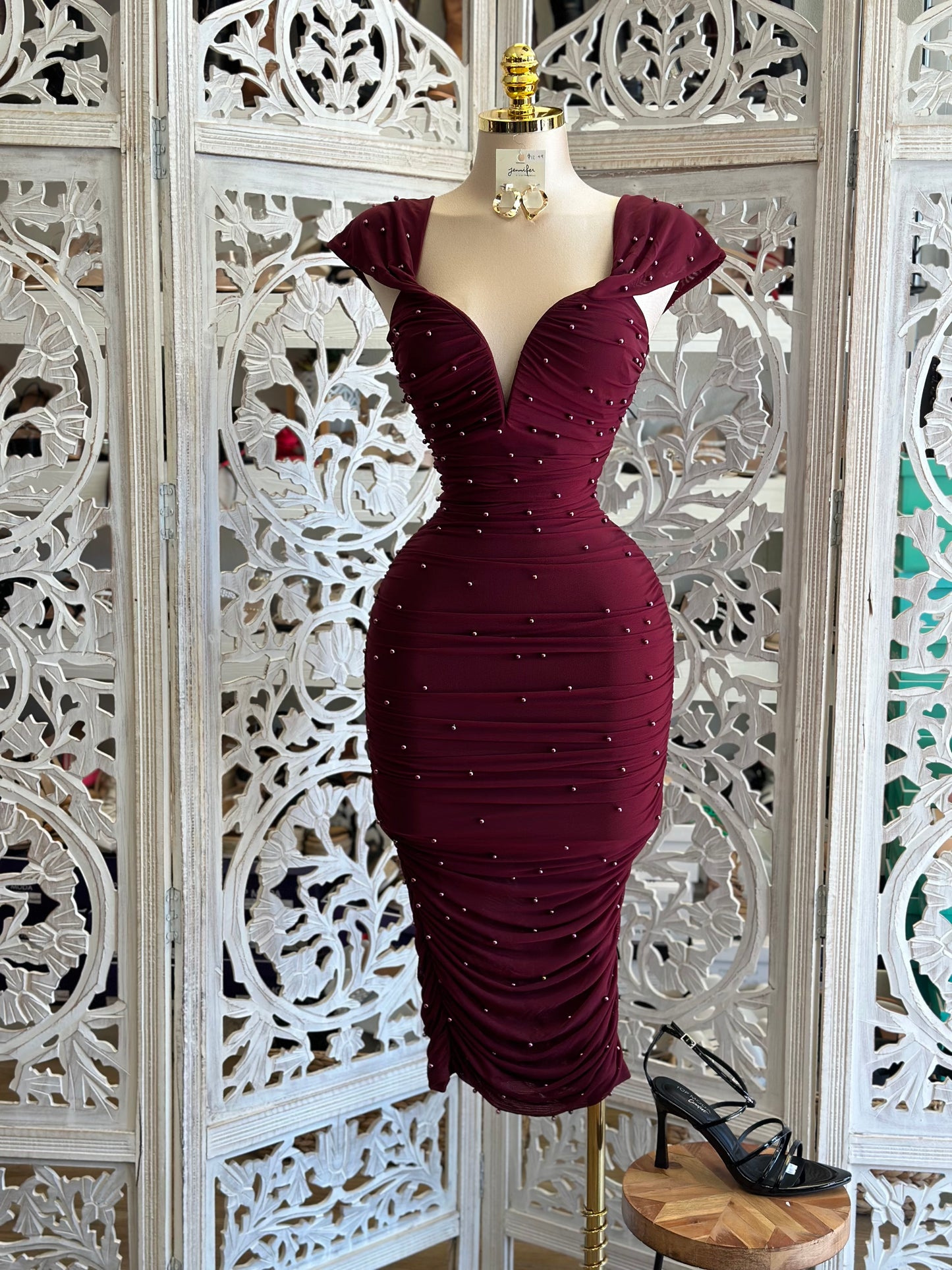 Heartline cherry Pearl Midi Dress- Stretchy, Estira