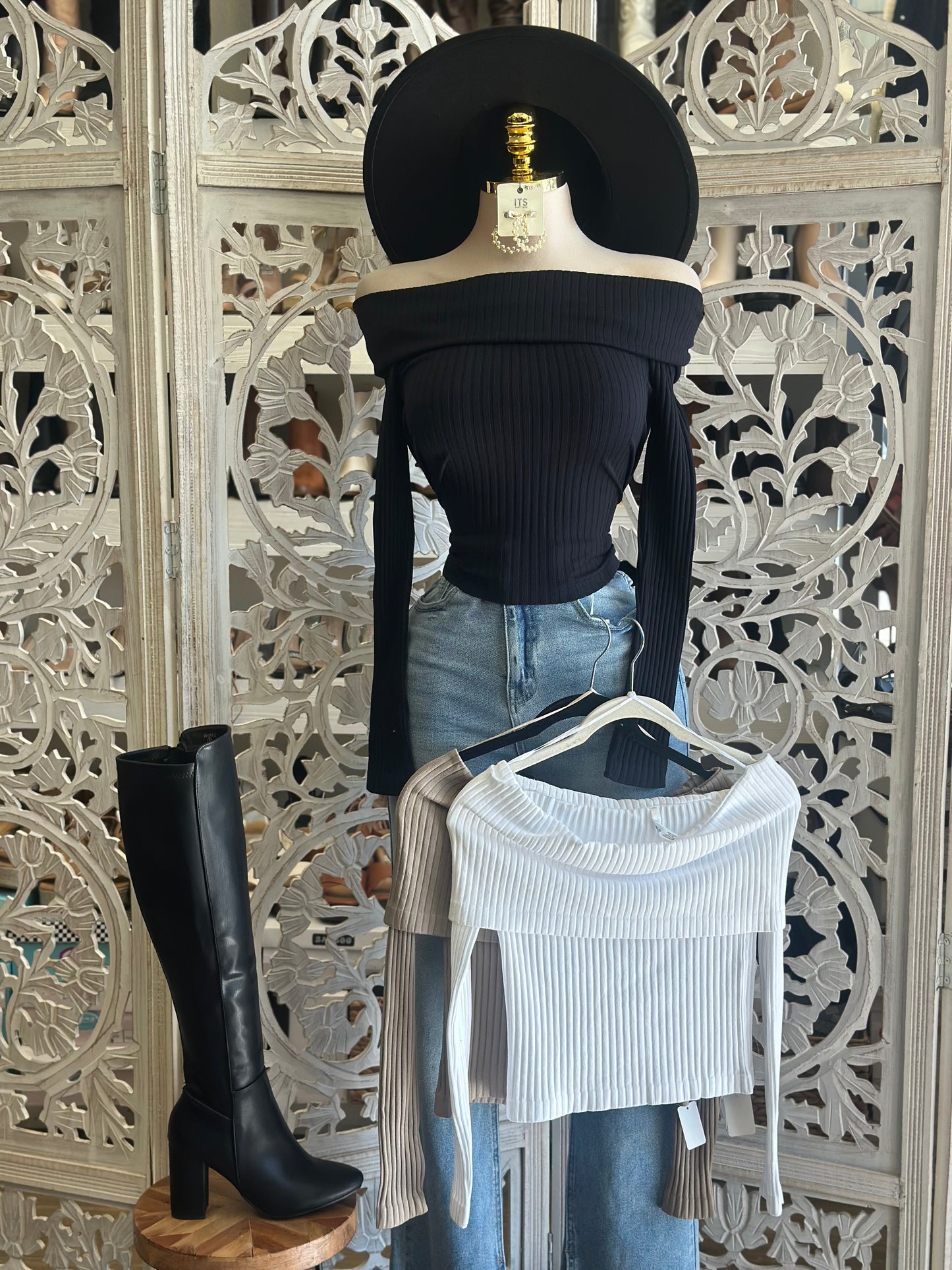 Off Shoulder Ribbed Top- Estira, Stretchy