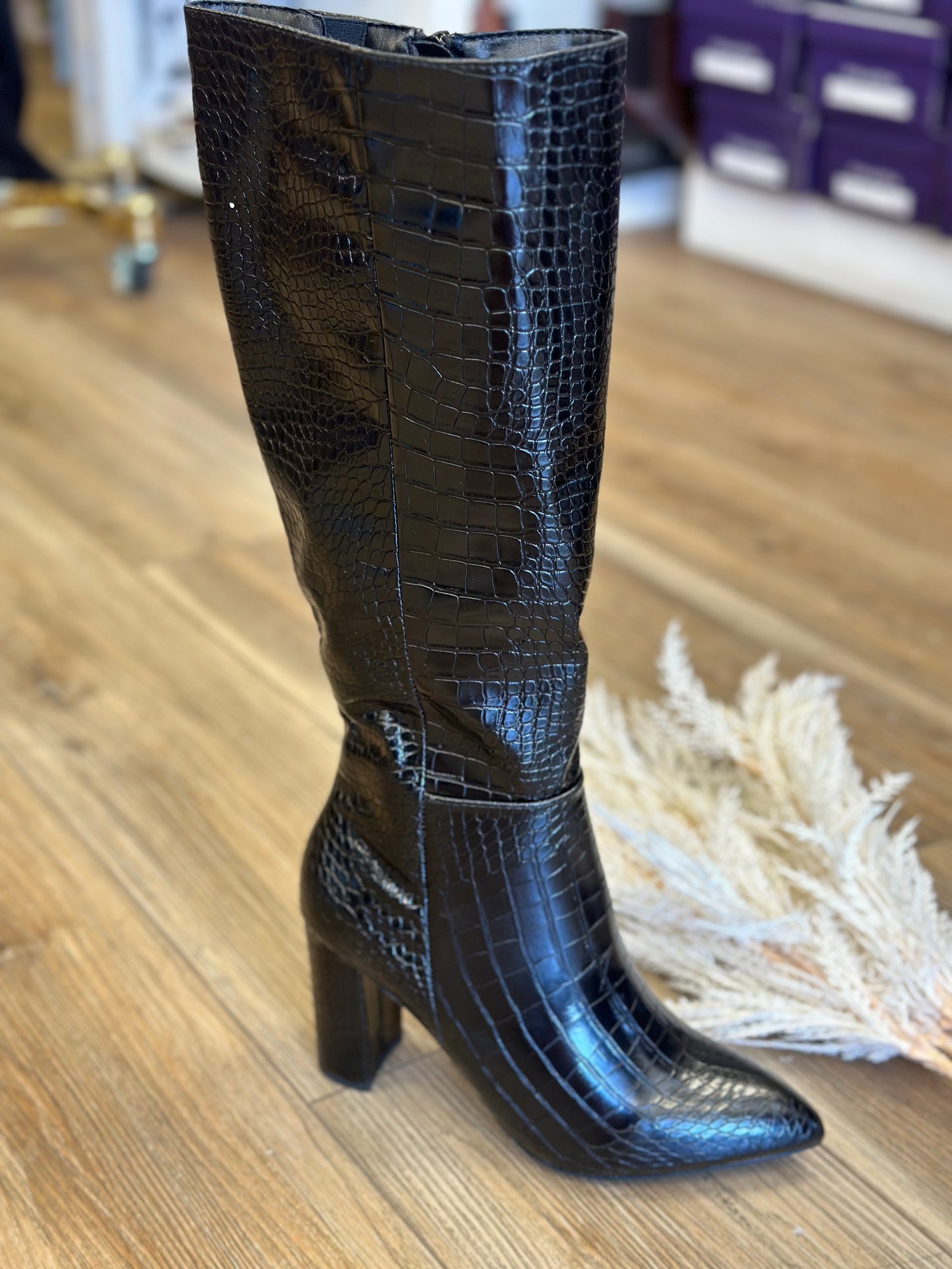 Black Faux Leather Mid Length Crocodile Pattern Boots