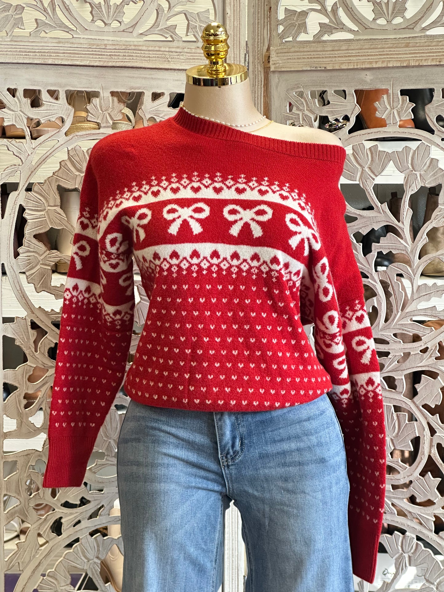 Draped Shoulder Ribbon Bright Red Sweater