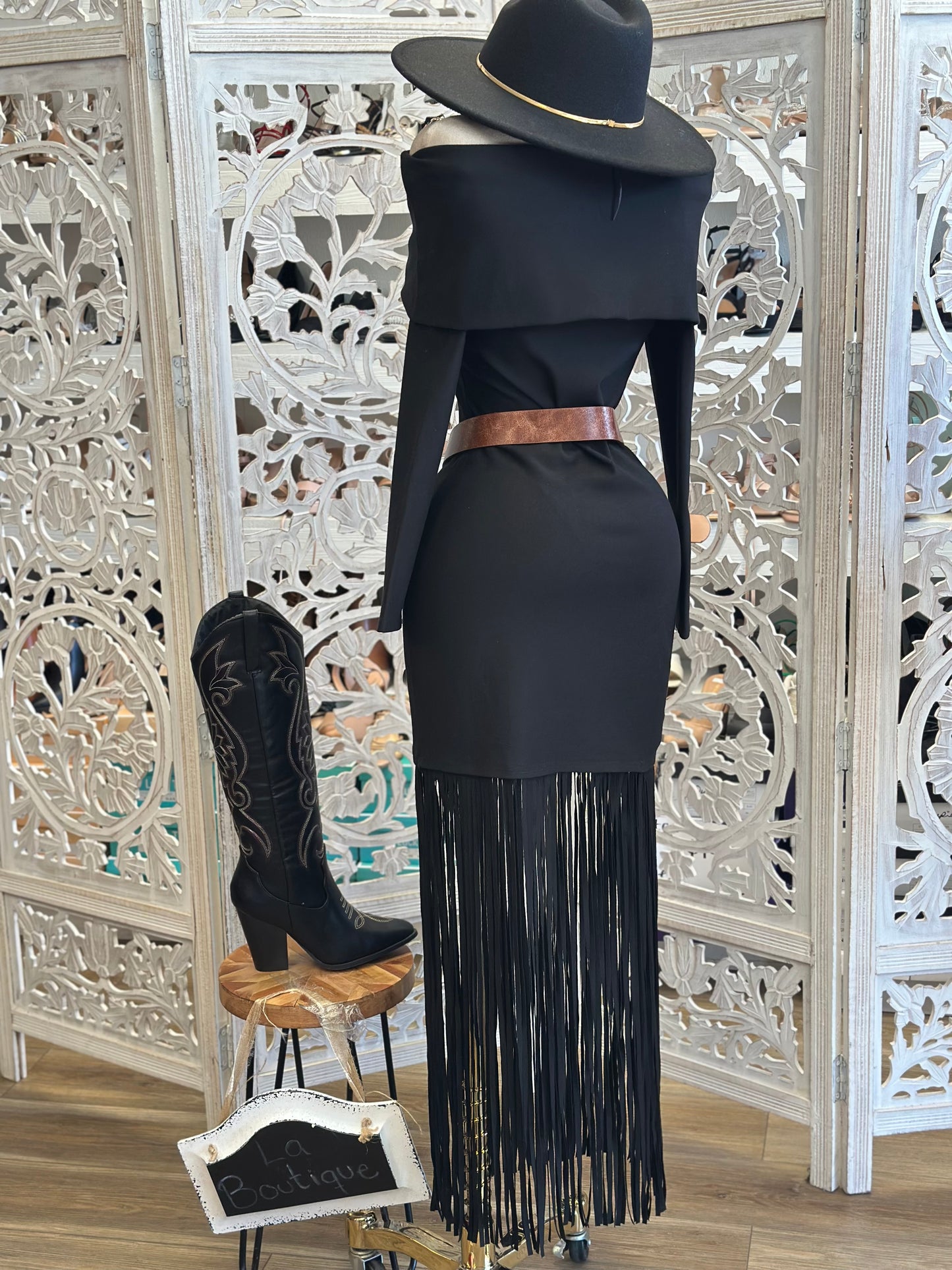 Fringe Off Shoulder Black Dress-No Estira, Not Stretchy