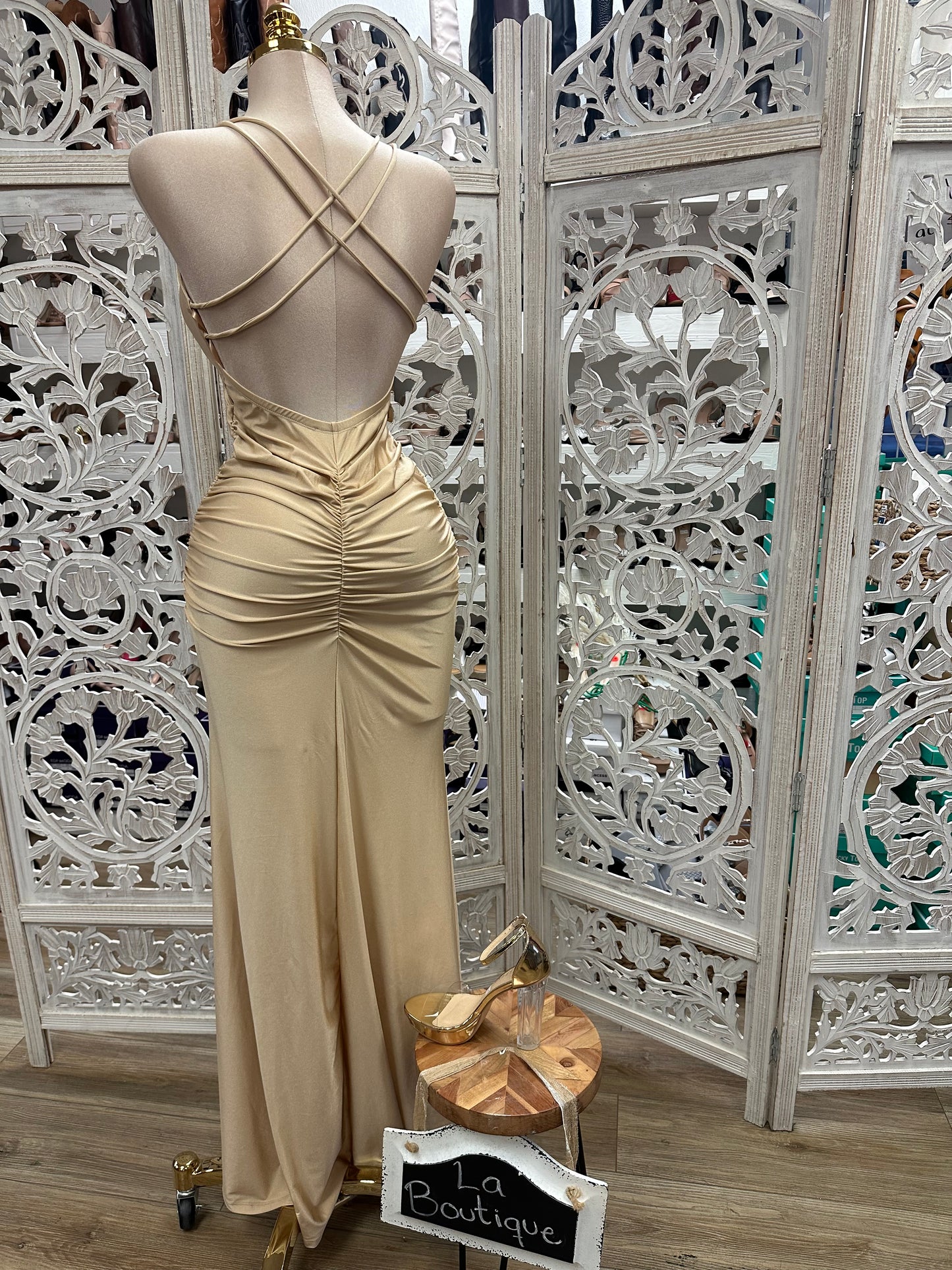 Champagne Ruched Gown- Slightly Stretchy, Estira Poco