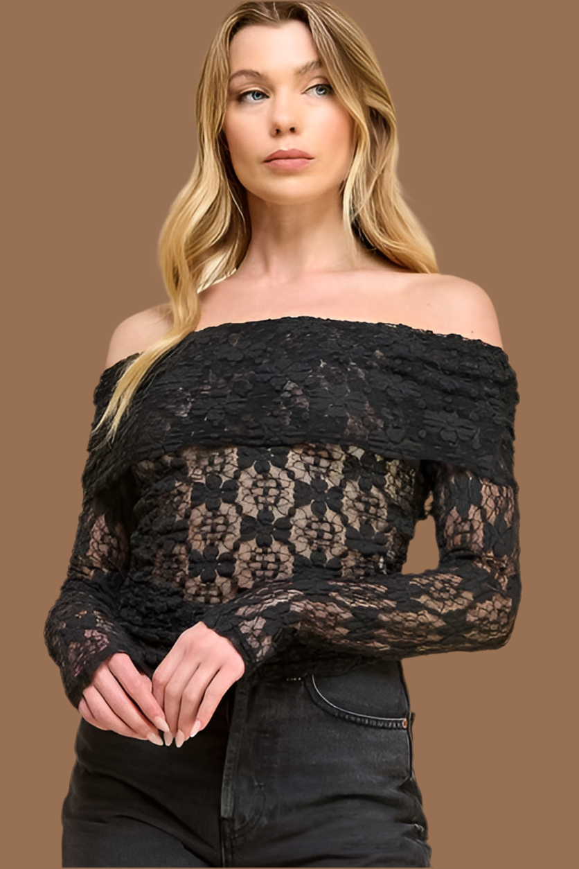 Black Lace Off Shoulder Blouse- Estira, Stretchy