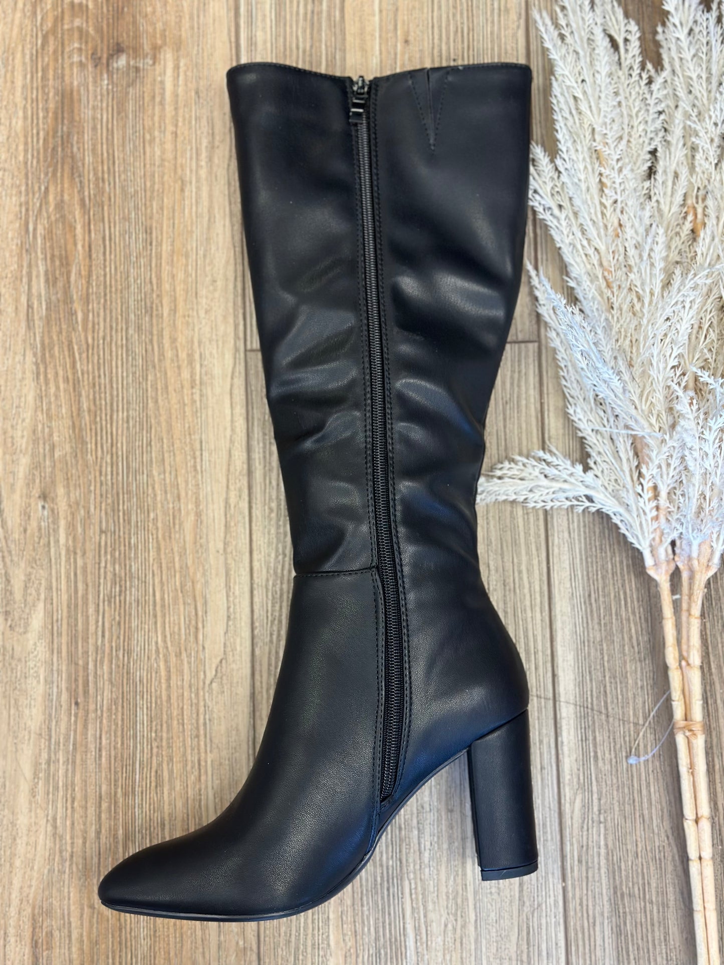 Black Faux Leather Mid Length Pointed Toe Boots