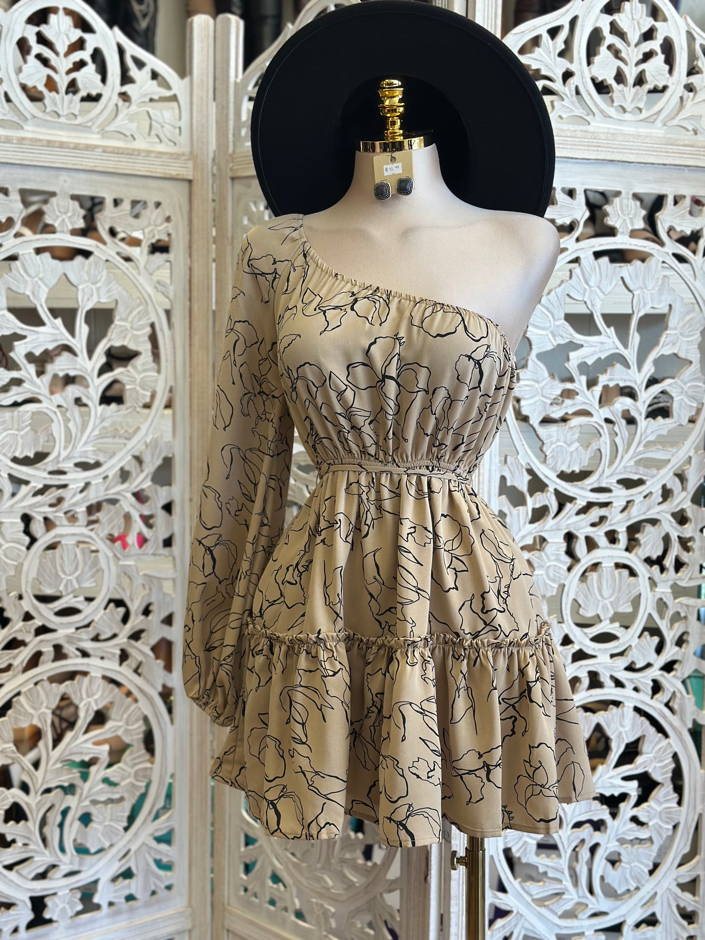 One Sleeve Tiered Floral Mini Dress
