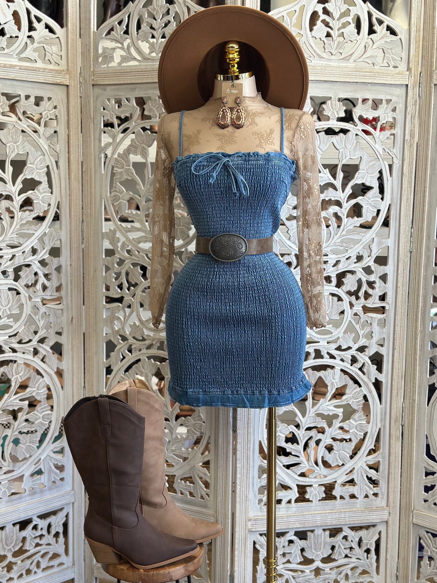 Scrunched Denim Mini Dress - Estira , Stretchy