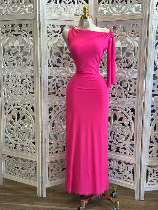 Asymmetrical Sonic Pink Knotted Dress-Estira, Stretchy