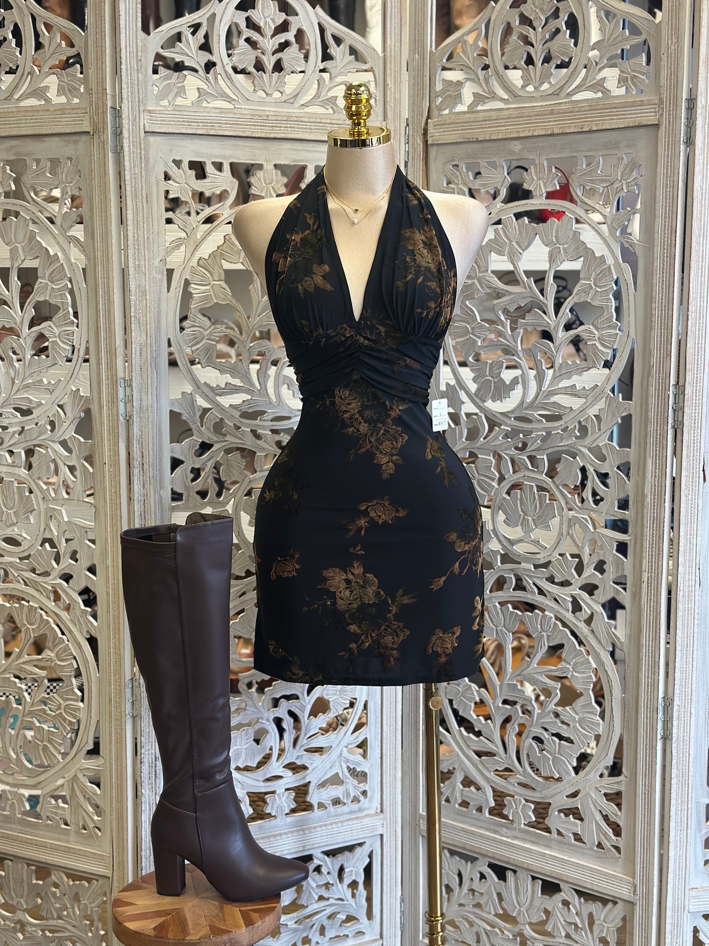 Deep V Open Back Fall Floral Mini Dress - Estira , Stretchy