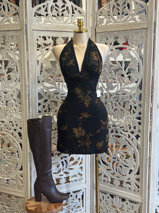 Deep V Open Back Fall Floral Mini Dress - Estira , Stretchy