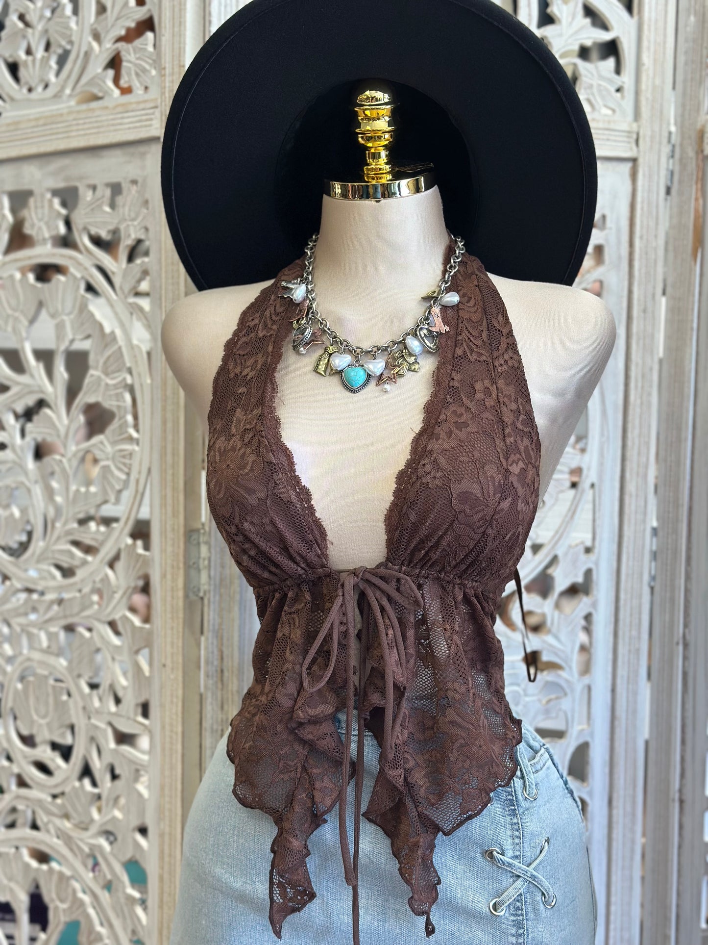 Brown Split Lace Blouse - Estira Poco, Slightly Stretchy