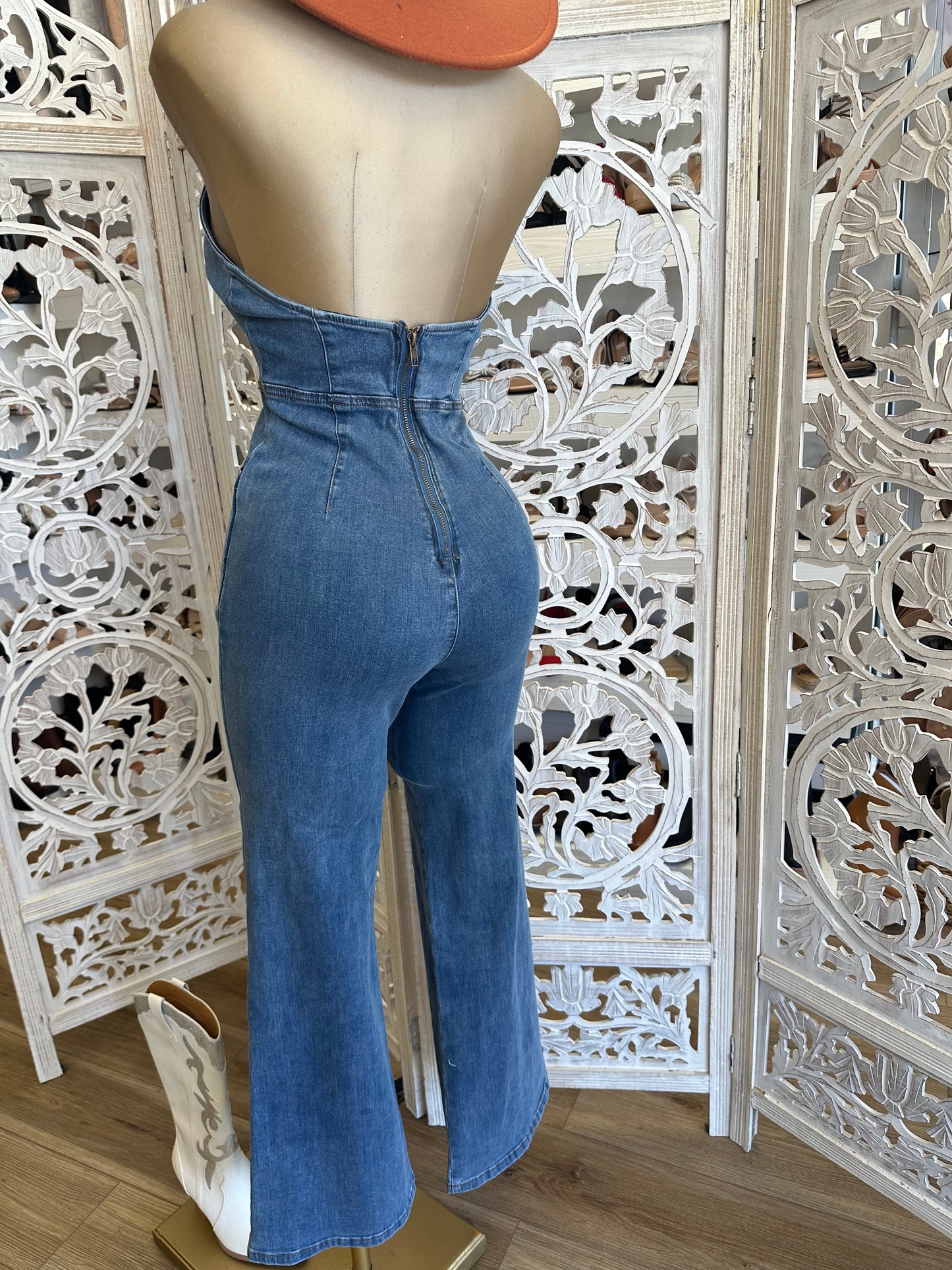 Denim Collard Backless Jumpsuit- Stretchy