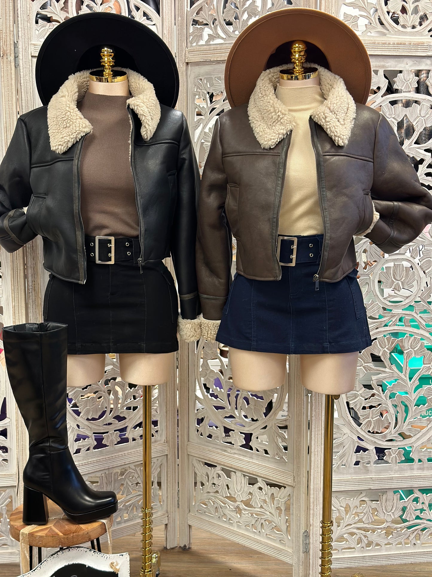 Faux Leather Sherpa Collared Jacket