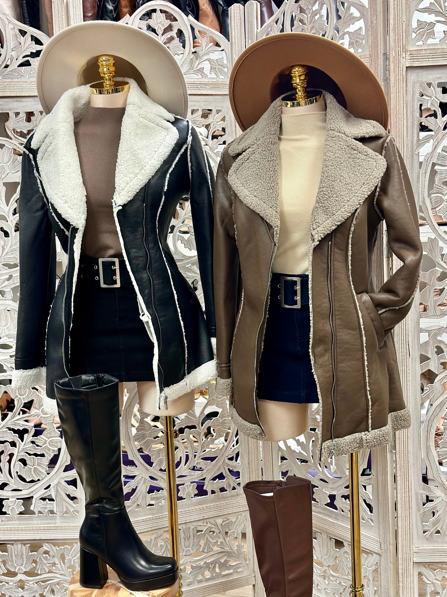 Faux Leather Sherpa Lined Midi Coat